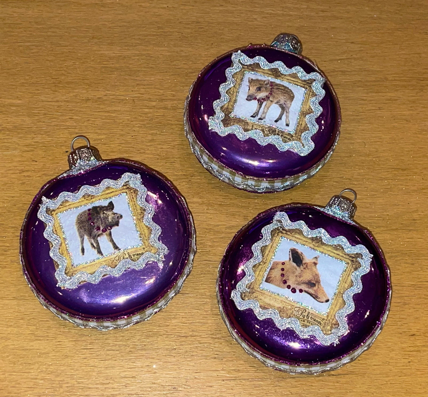 3er Set Christbaumkugel, Weihnachtsschmuck, Medaillon lila, Wildtiere, Nr. 1 Weihnachten Alpenfunkeln