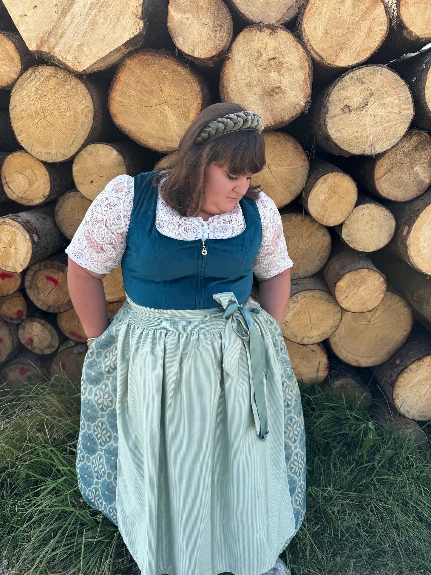Dirndl Alpenfee, Laura, Samt, Maxidirndl, Petrol, große Größen