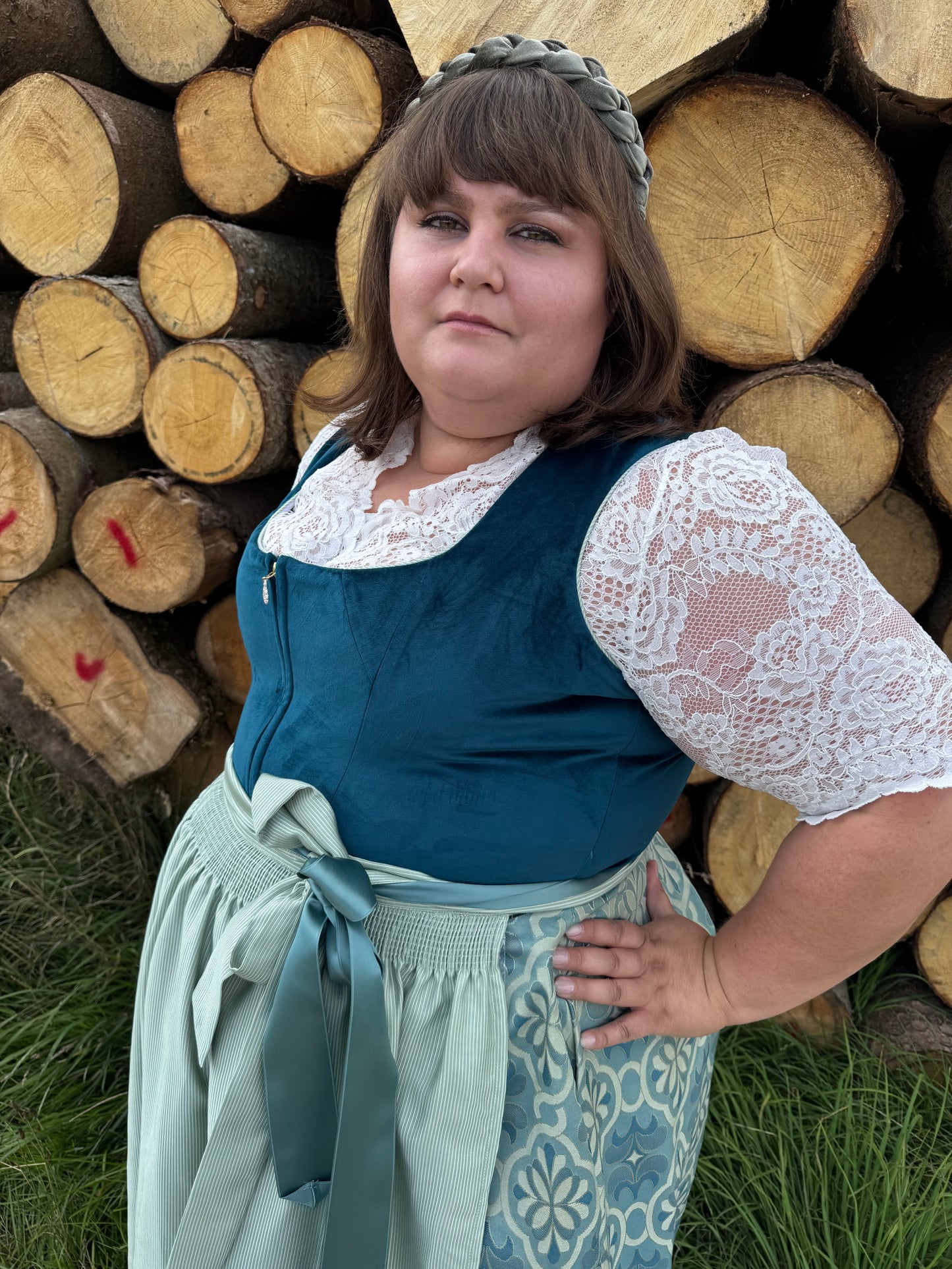 Dirndl Alpenfee, Laura, Samt, Maxidirndl, Petrol, große Größen