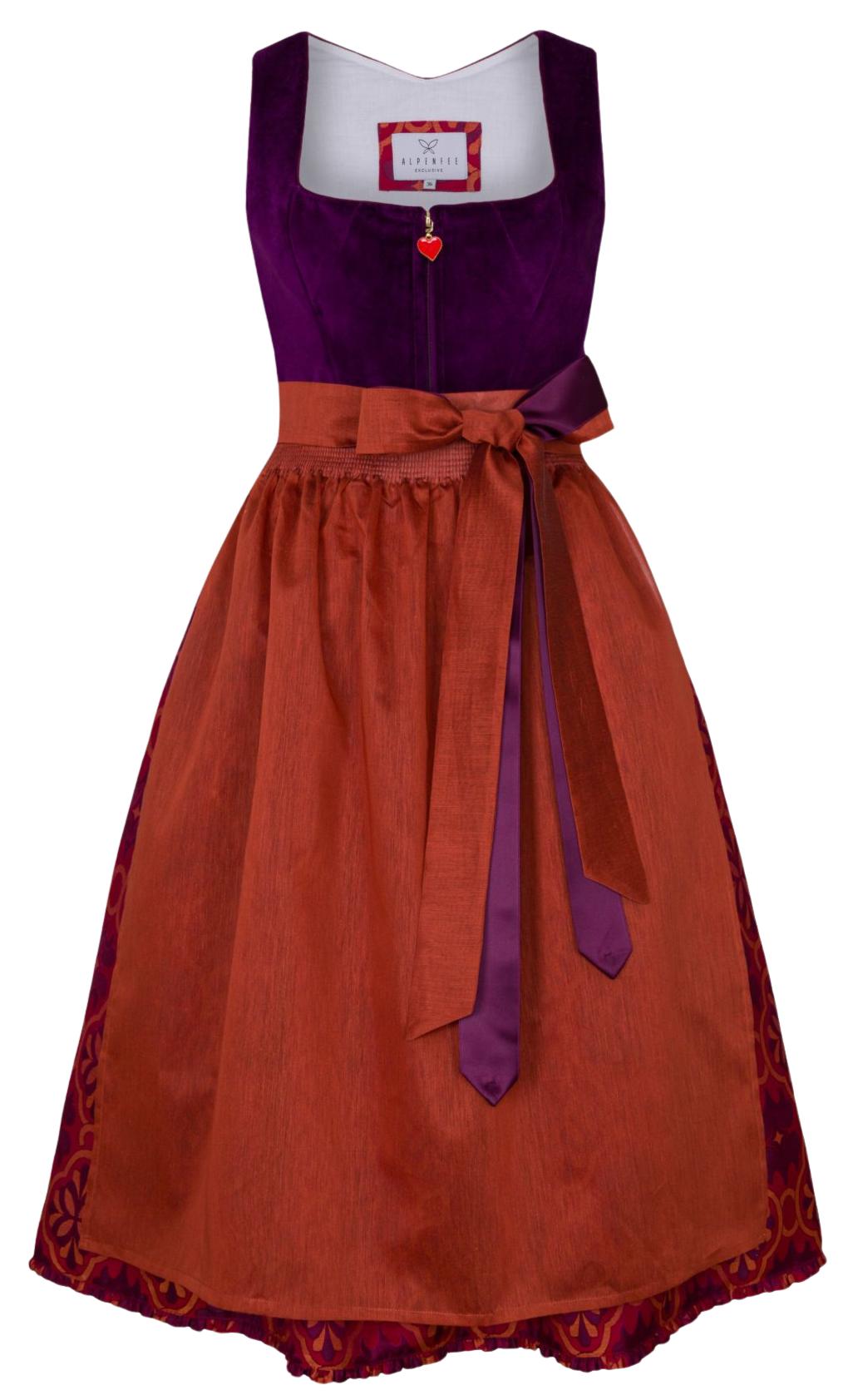Dirndl Alpenfee, Fabienne, Orange, lila, rot, Samtdirndl, 75cm