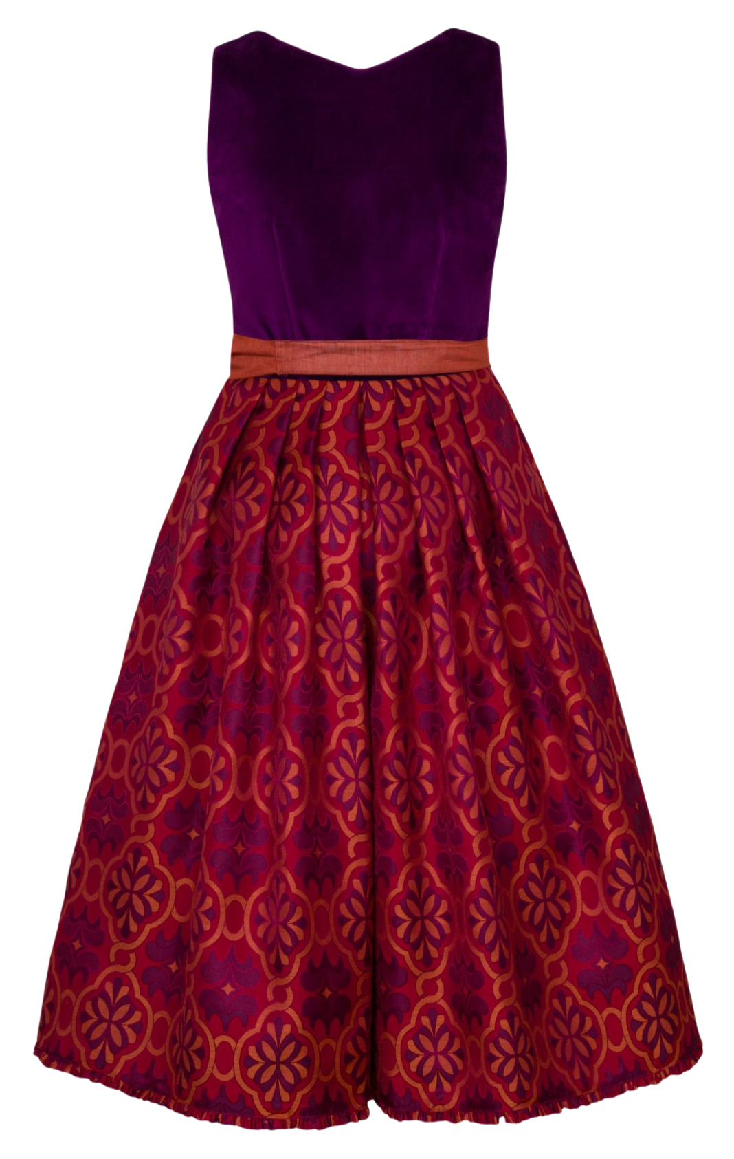 Dirndl Alpenfee, Fabienne, Orange, lila, rot, Samtdirndl, 75cm