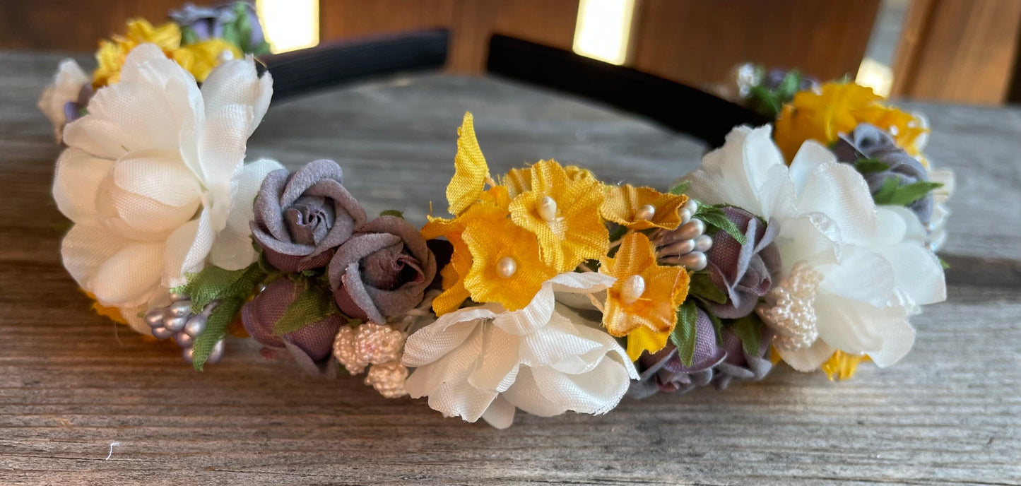 Blüten Haarreifen zum Dirndl, gelb, grau, gold Haarschmuck Rasp
