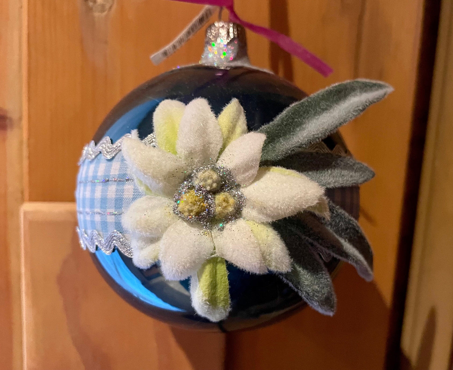 Christbaum Kugel, Weihnachtsschmuck, petrol, Edelweiß 10 cm Weihnachten Alpenfunkeln