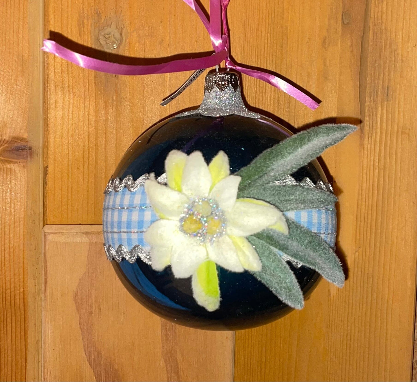 Christbaum Kugel, Weihnachtsschmuck, petrol, Edelweiß 10 cm Weihnachten Alpenfunkeln