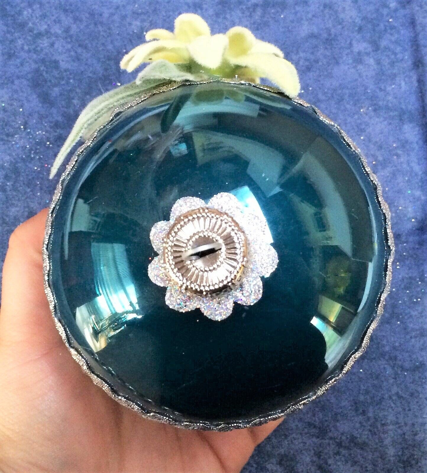 Christbaum Kugel, Weihnachtsschmuck, petrol, Edelweiß 7cm Weihnachten Alpenfunkeln