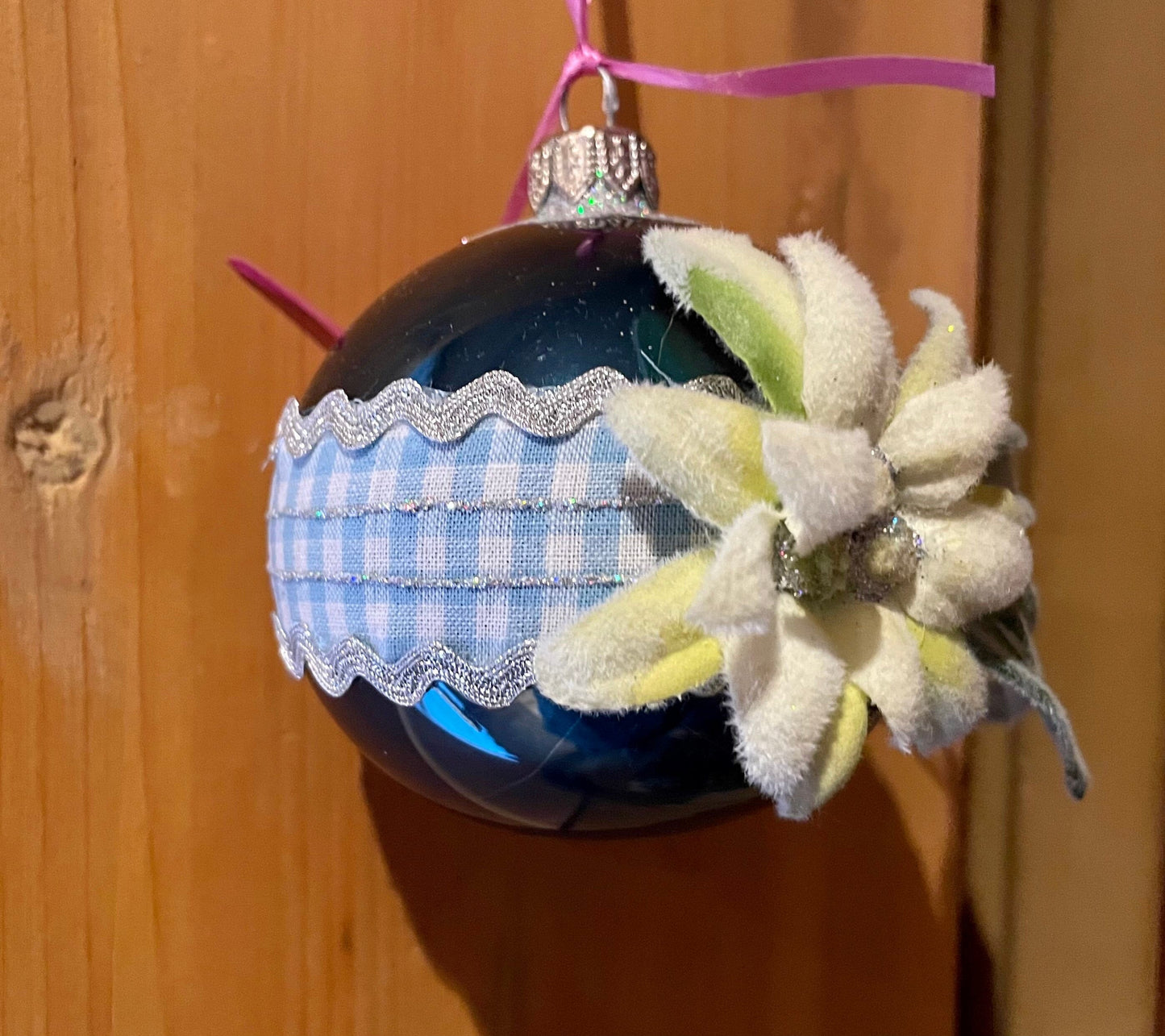 Christbaum Kugel, Weihnachtsschmuck, petrol, Edelweiß 7cm Weihnachten Alpenfunkeln