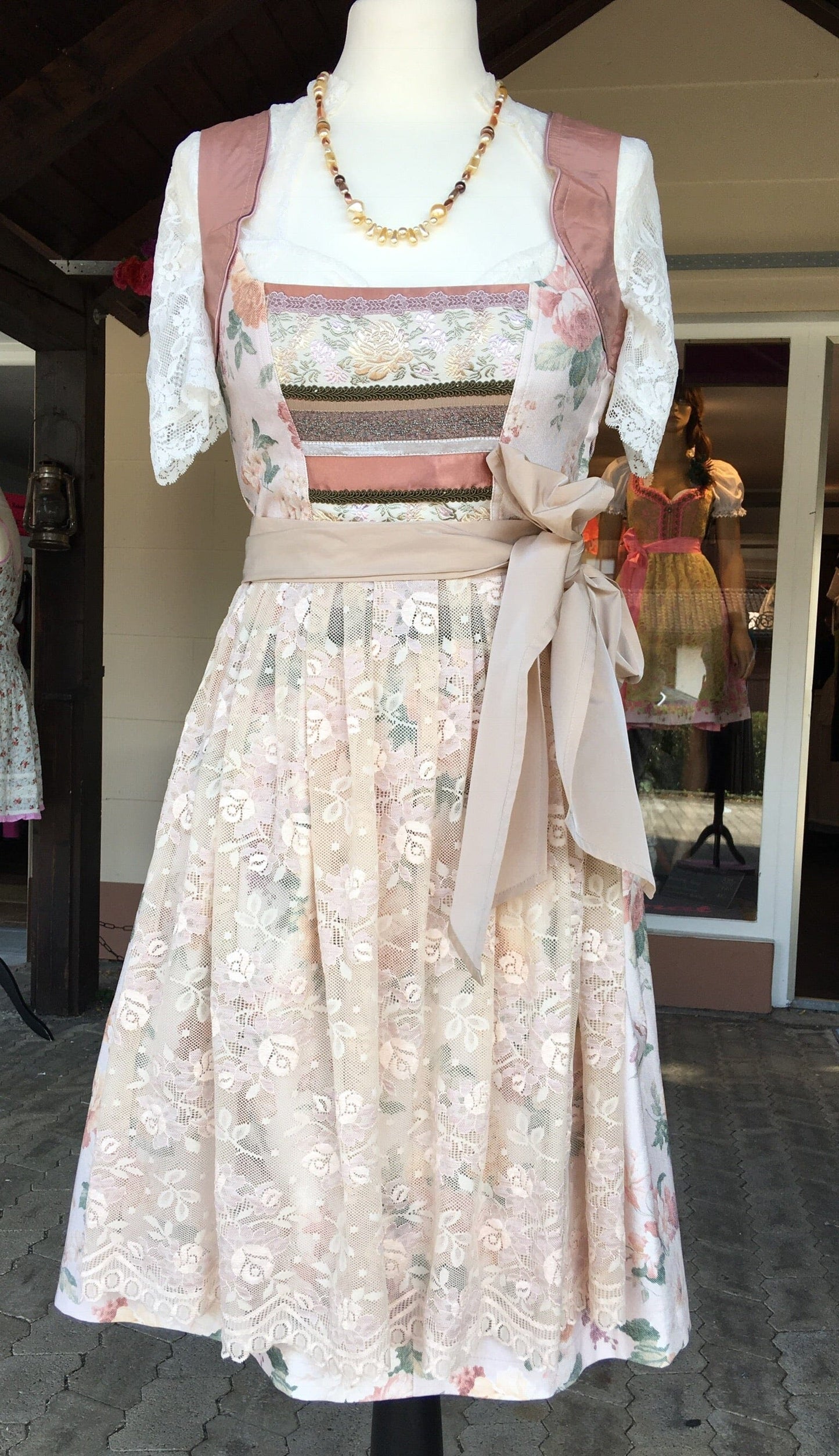 Dirndl 3-Teiler, CocoVero, beige, rosé, natur, Seide, Midi 60cm Dirndl CocoVero