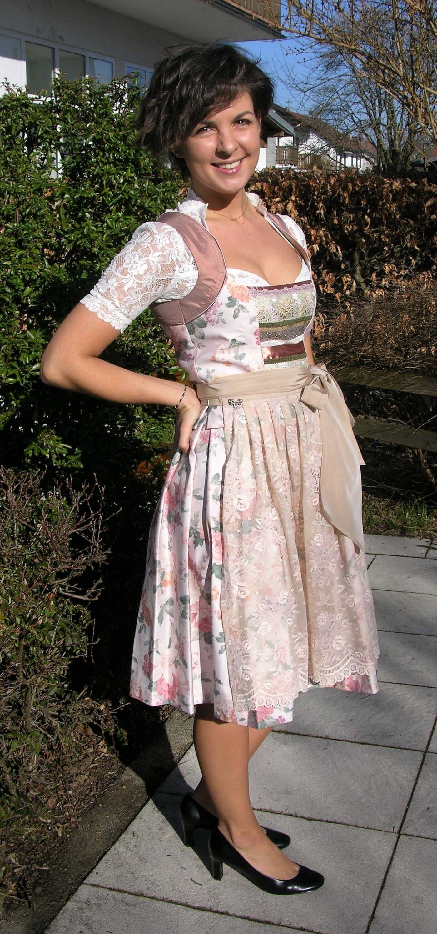 Dirndl 3-Teiler, CocoVero, beige, rosé, natur, Seide, Midi 60cm Dirndl CocoVero