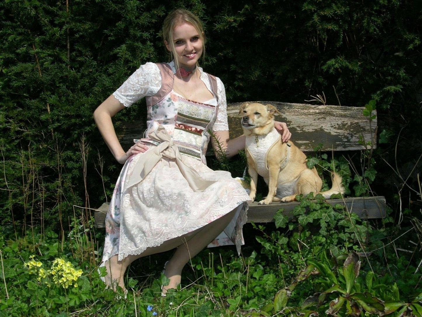 Dirndl 3-Teiler, CocoVero, beige, rosé, natur, Seide, Midi 60cm Dirndl CocoVero