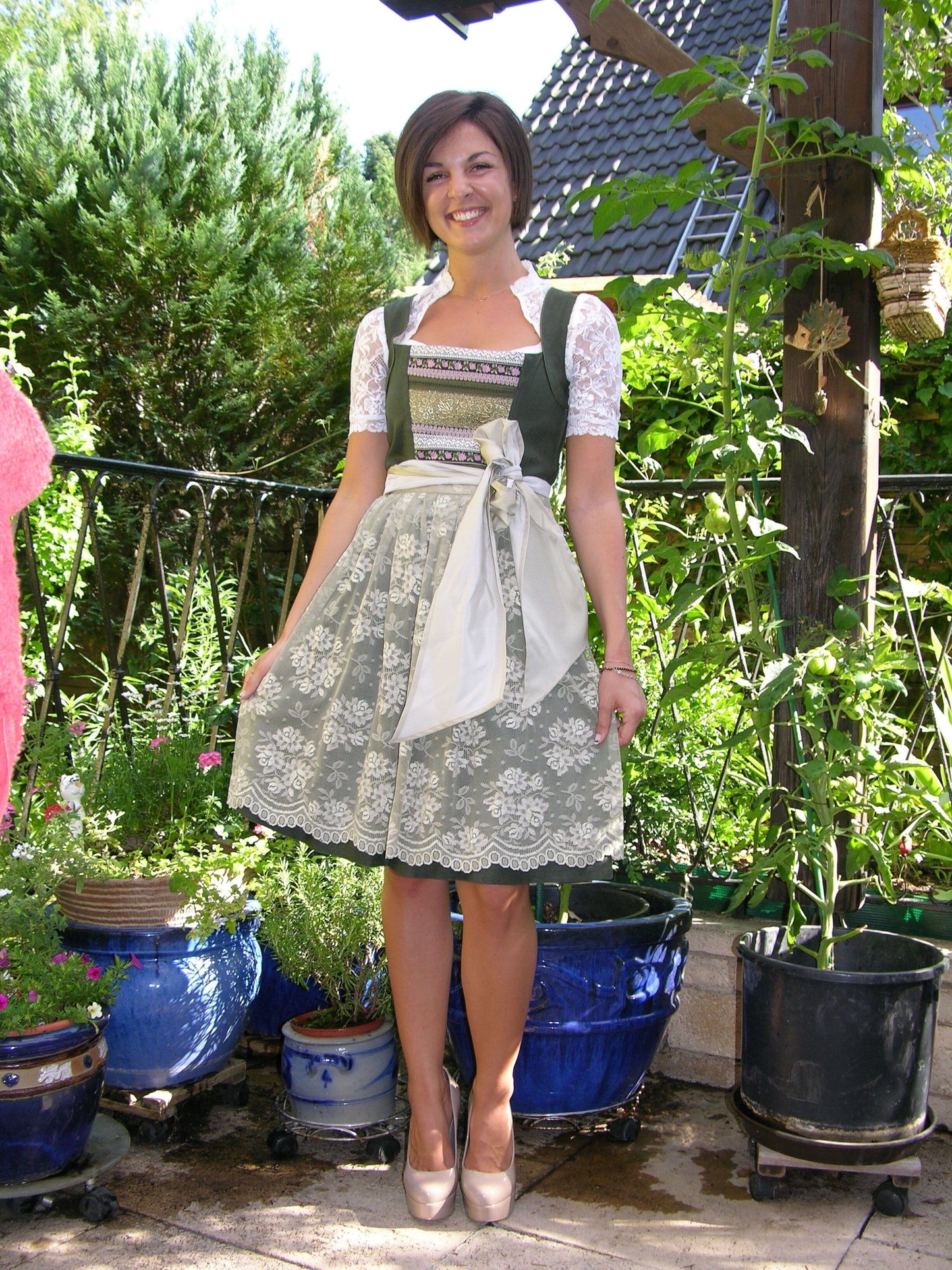 Dirndl 3-Teiler, CocoVero, Leinen, grün, Spitze, Midi Dirndl CocoVero