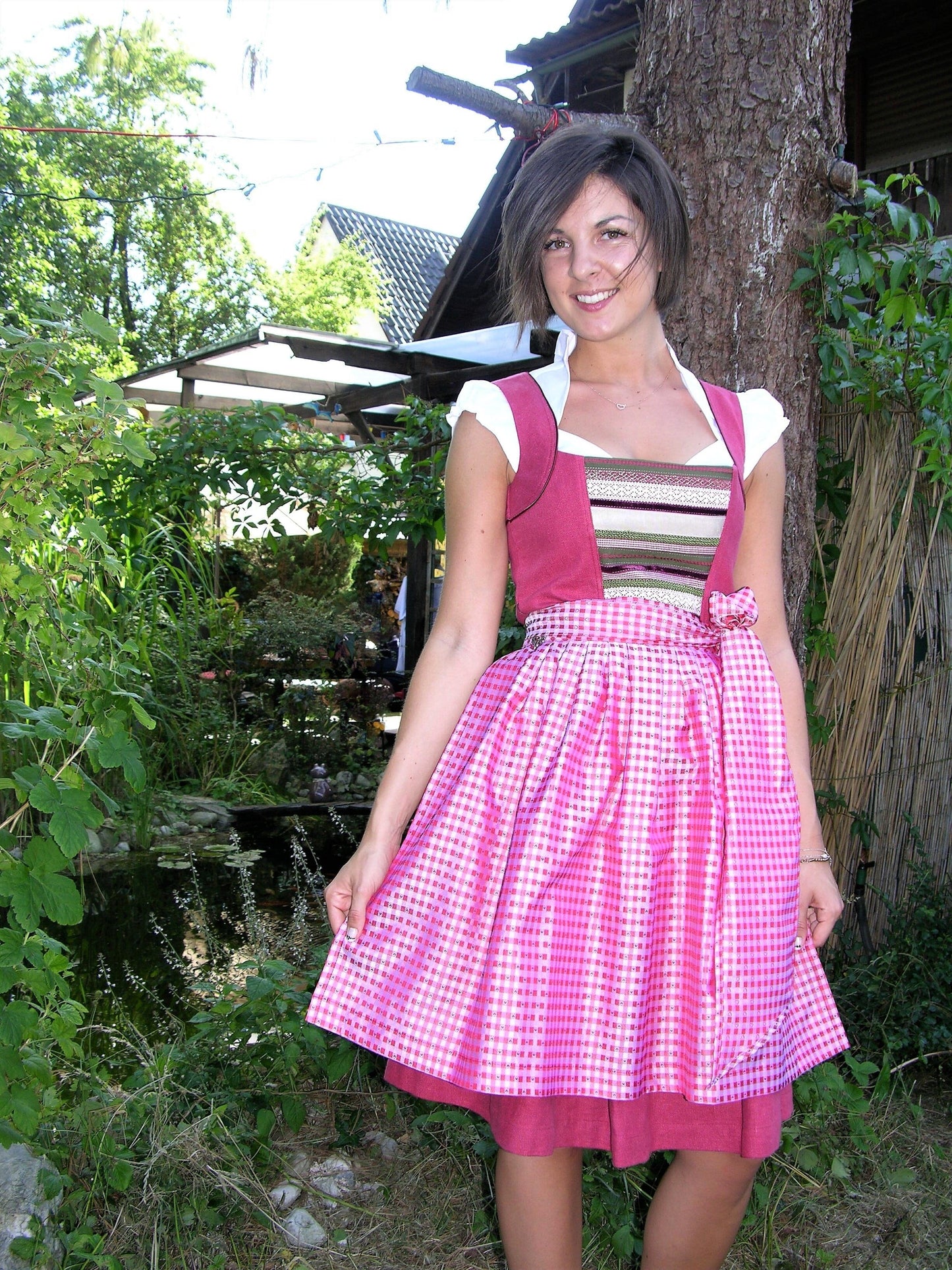 Dirndl 3-Teiler, CocoVero, Leinen, rot, Seide, Midi Dirndl CocoVero