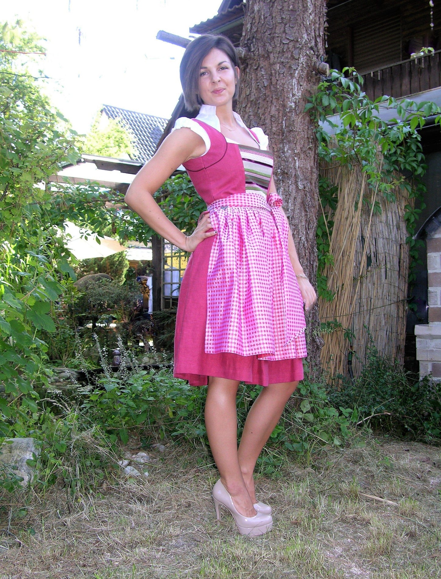 Dirndl 3-Teiler, CocoVero, Leinen, rot, Seide, Midi Dirndl CocoVero