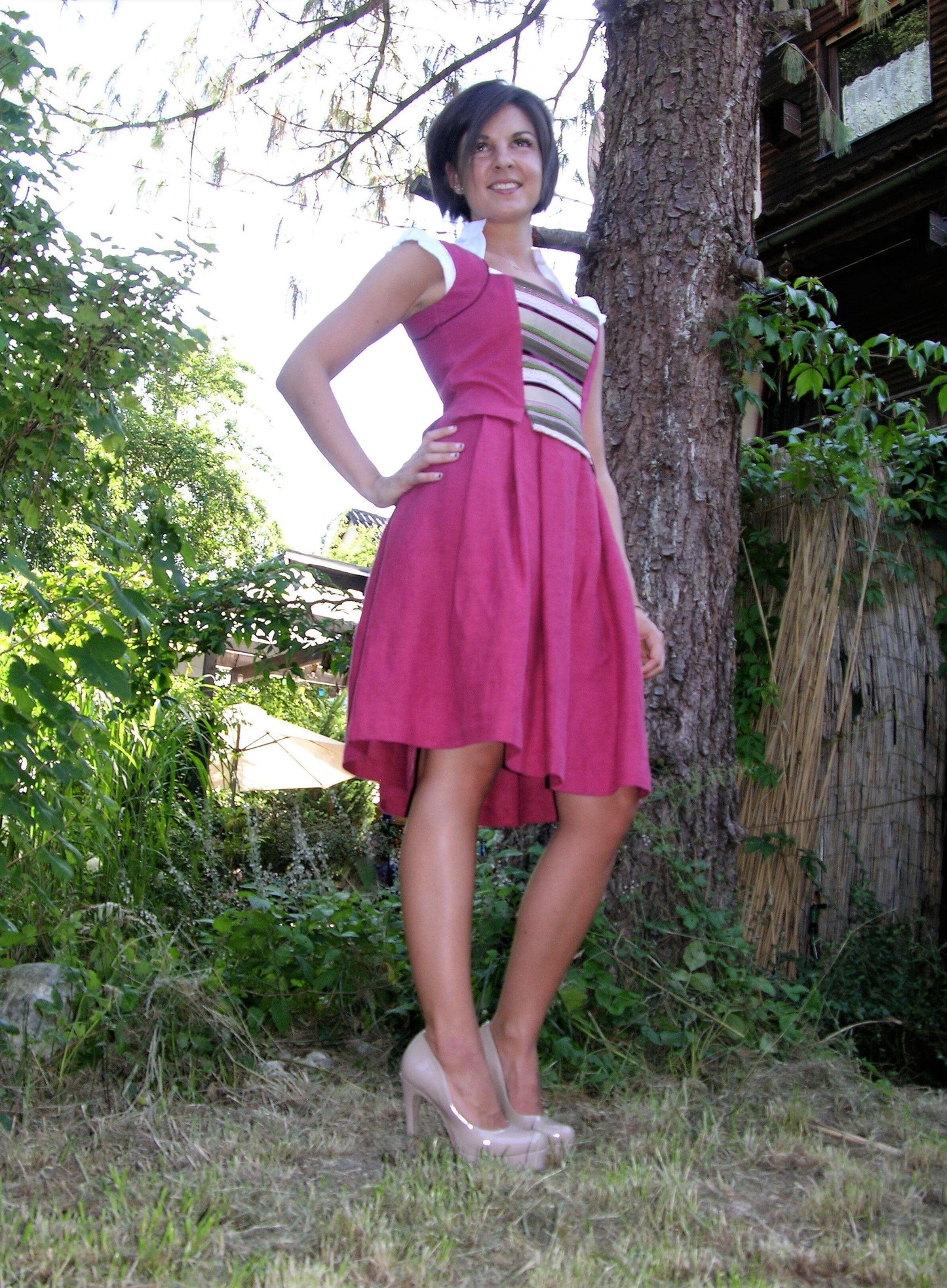 Dirndl 3-Teiler, CocoVero, Leinen, rot, Seide, Midi Dirndl CocoVero