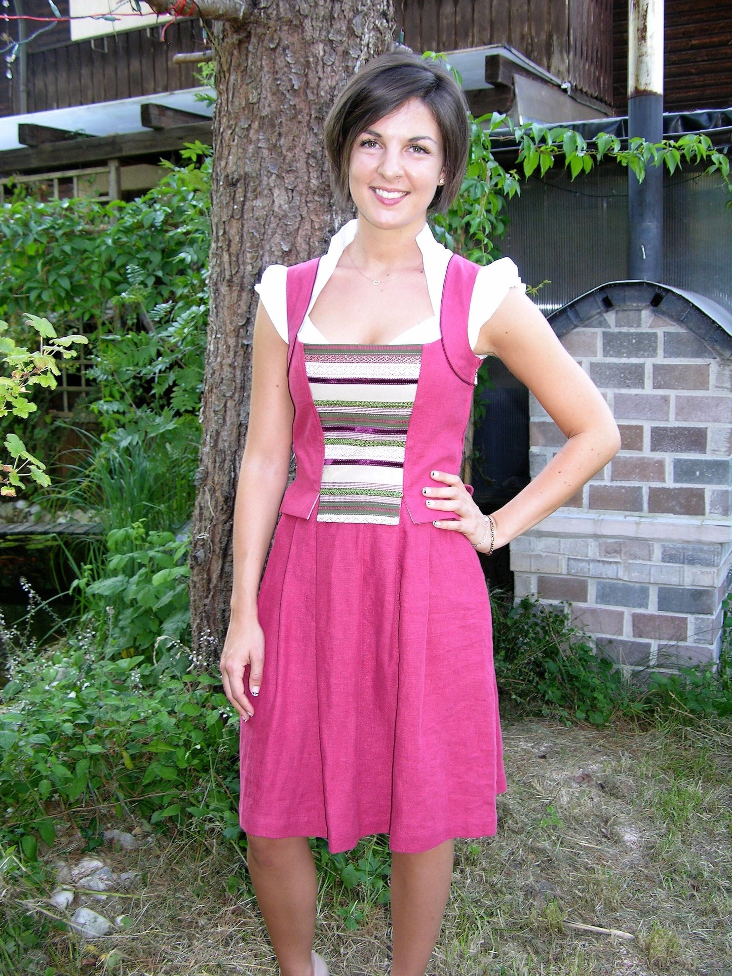Dirndl 3-Teiler, CocoVero, Leinen, rot, Seide, Midi Dirndl CocoVero