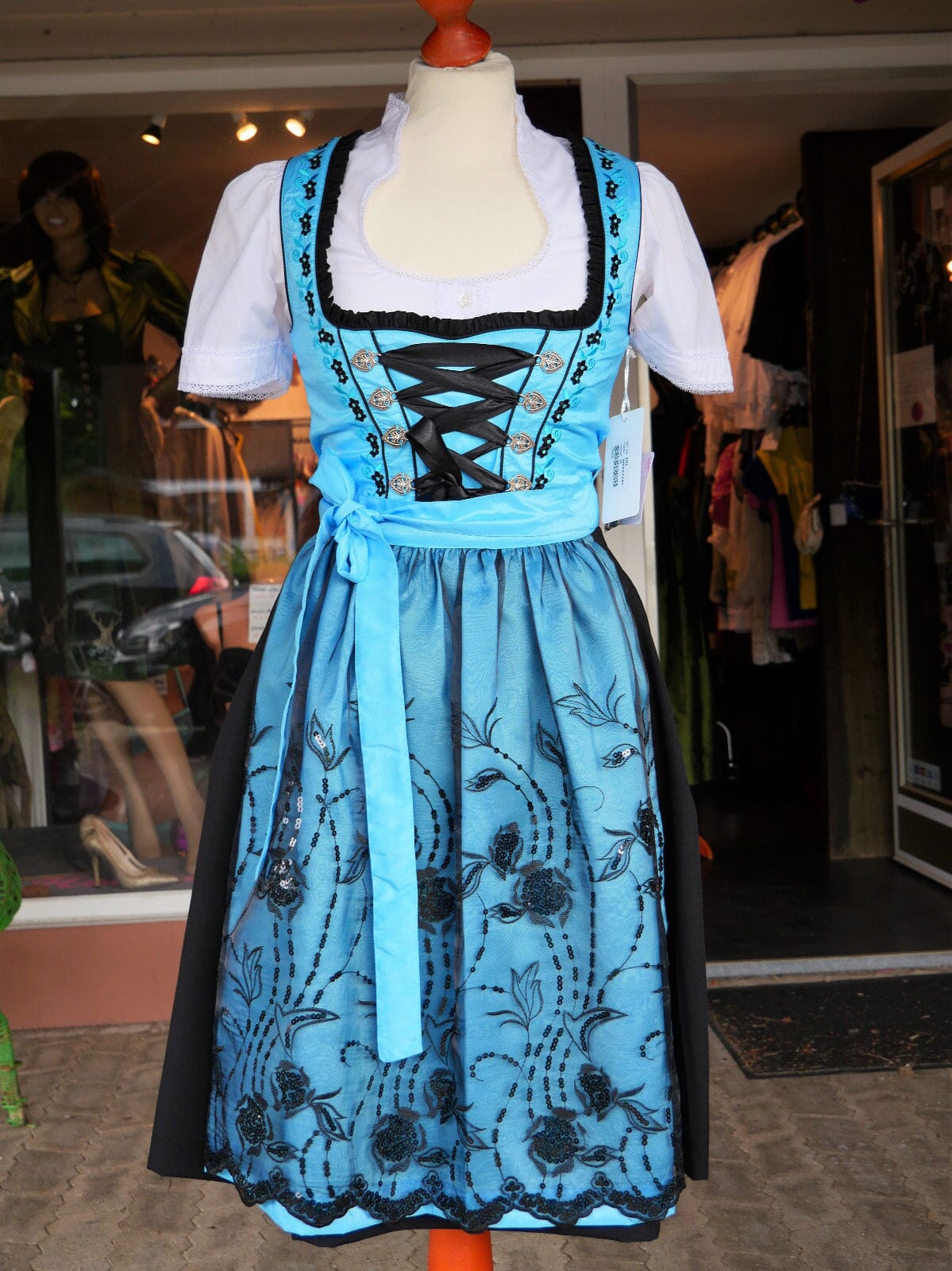 Dirndl Fuchs Trachten, blau, schwarz, Spitze, 60 cm, Gr. 34 Dirndl Fuchs