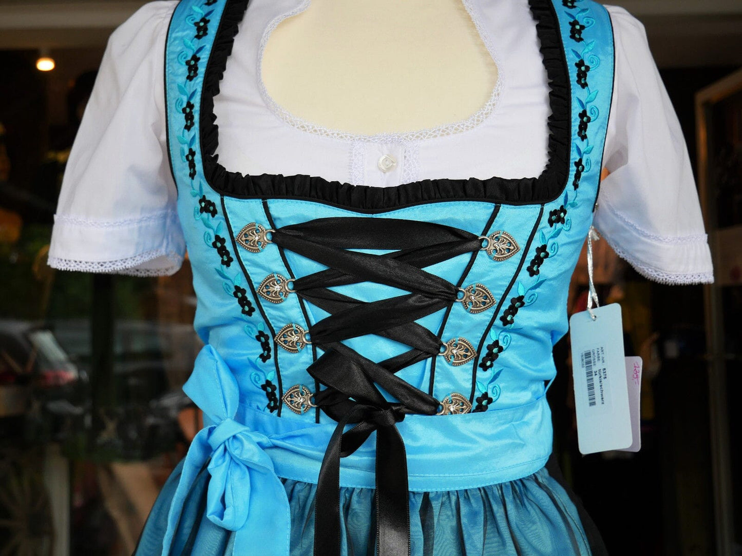 Dirndl Fuchs Trachten, blau, schwarz, Spitze, 60 cm, Gr. 34 Dirndl Fuchs