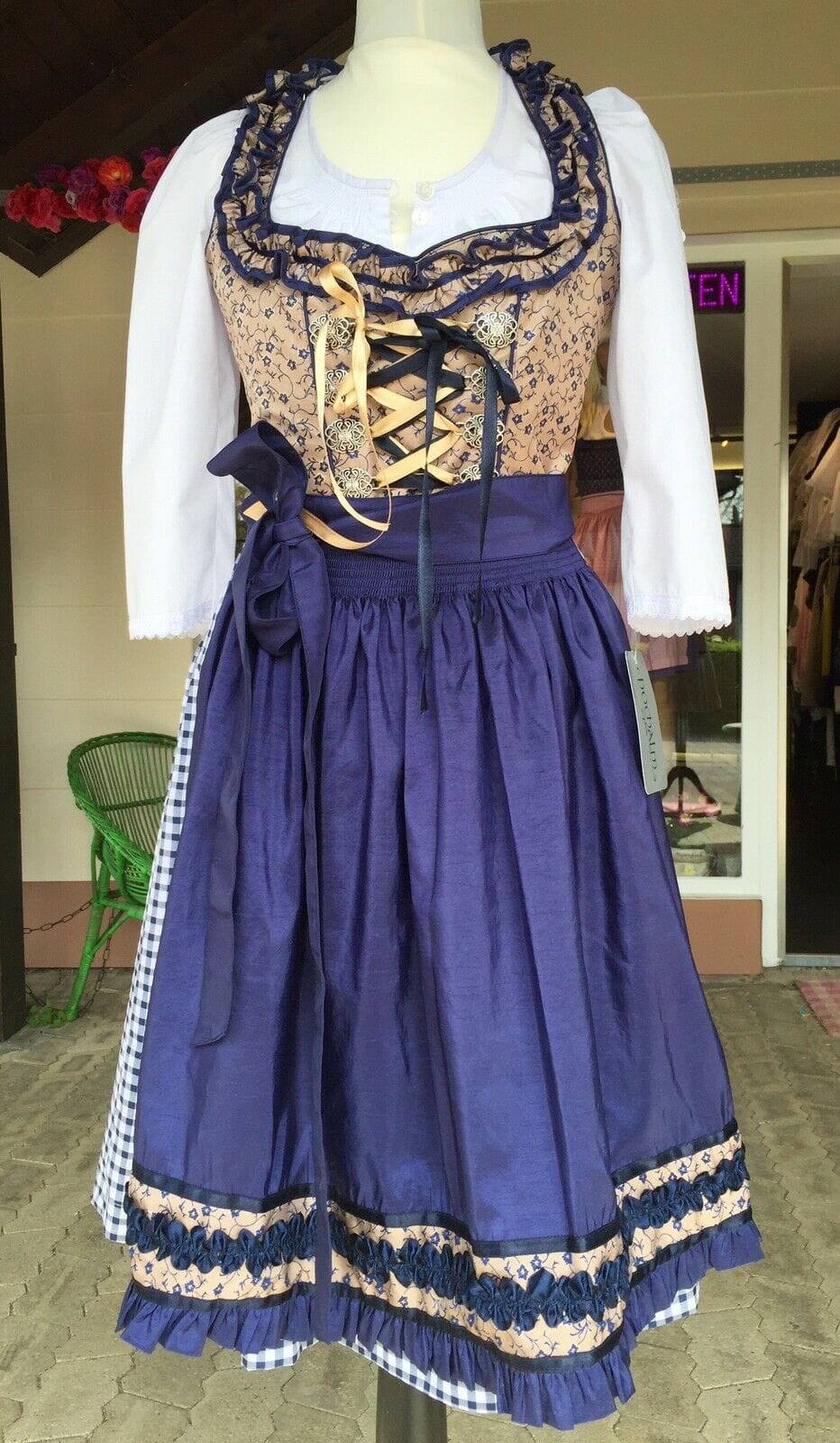 Dirndl Fuchs Trachten, braun, blau, Midi 60 cm Dirndl Fuchs