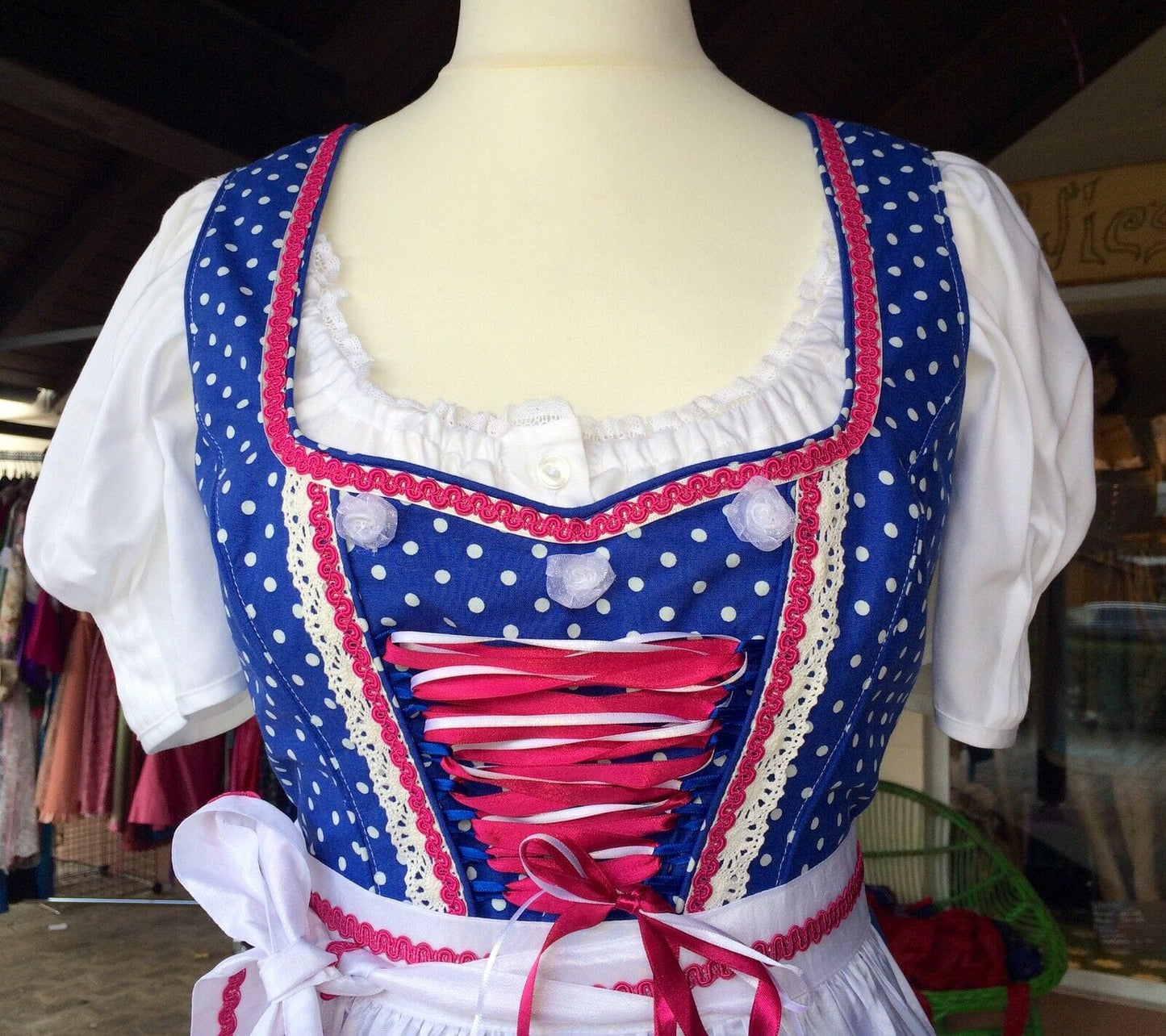 Dirndl Fuchs Trachten, Druckschürze, Blau, Midi 60 cm Dirndl Fuchs