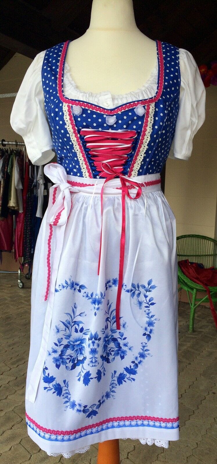 Dirndl Fuchs Trachten, Druckschürze, Blau, Midi 60 cm Dirndl Fuchs