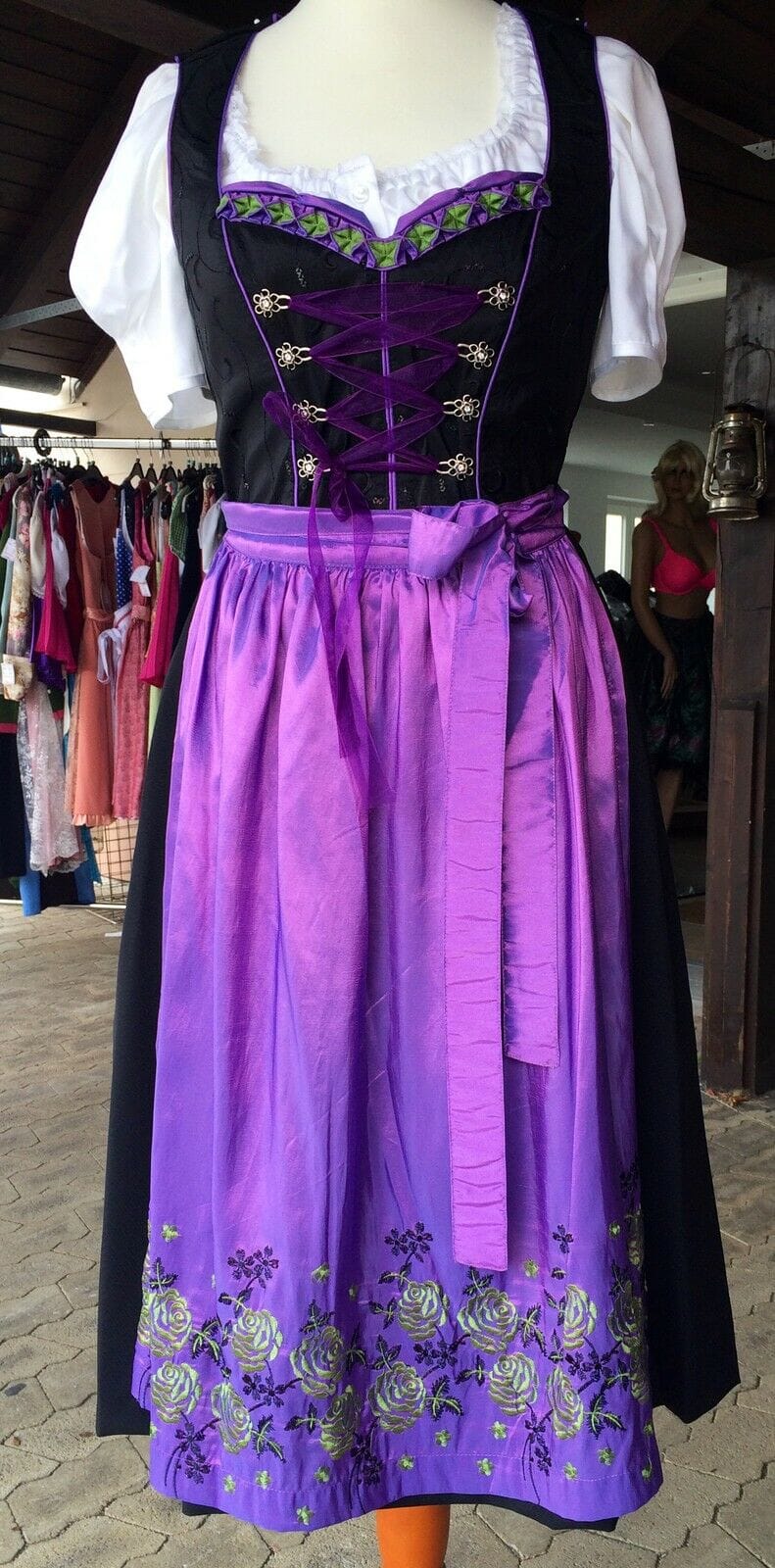 Dirndl Fuchs Trachten, schwarz, lila, Midi 70 cm Dirndl Fuchs