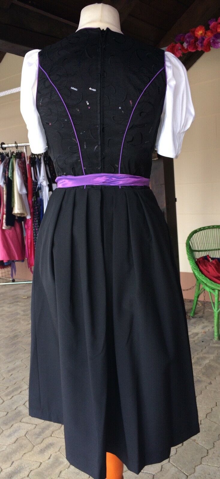 Dirndl Fuchs Trachten, schwarz, lila, Midi 70 cm Dirndl Fuchs