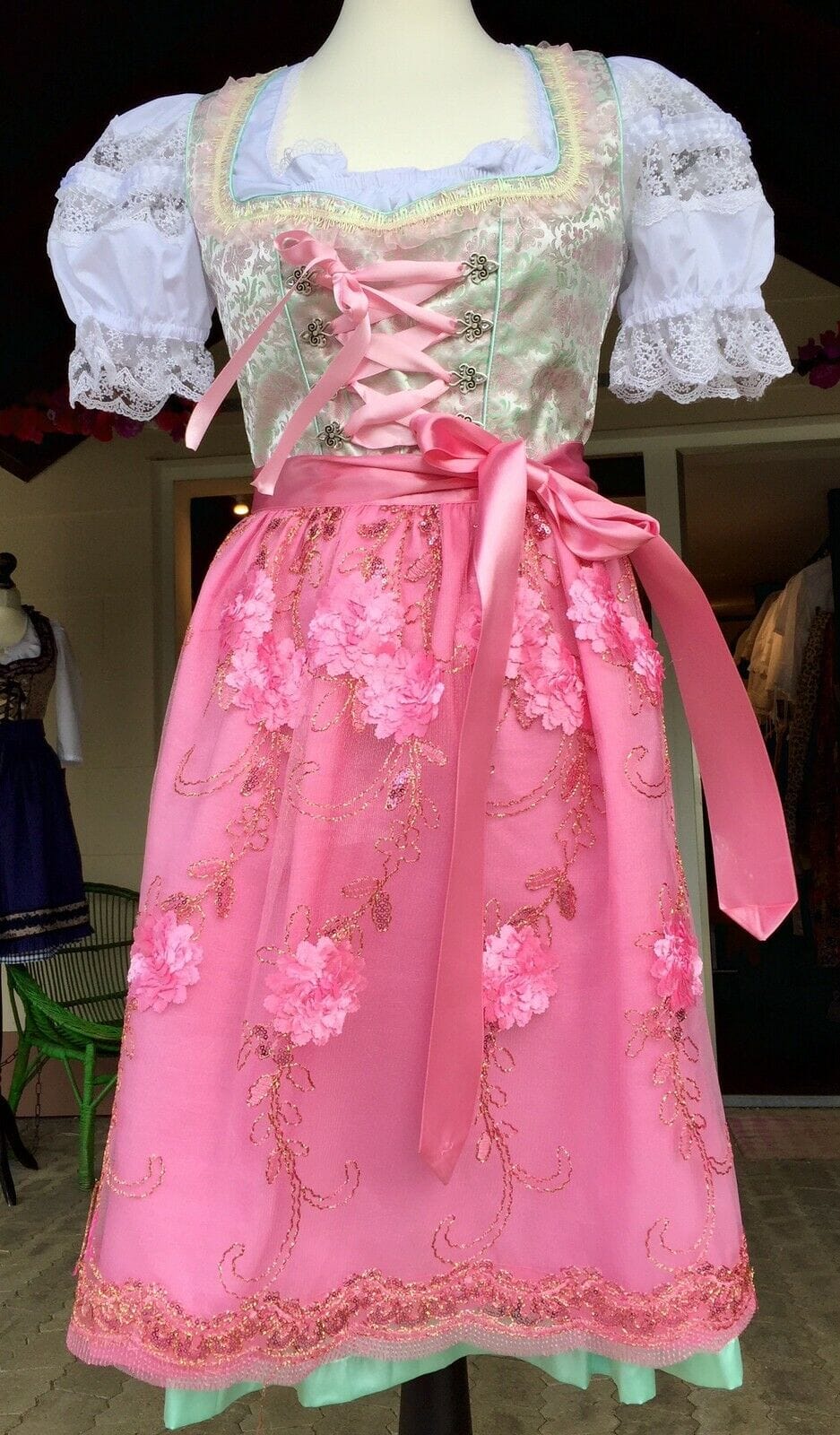 Dirndl Fuchs Trachten, Spitze rosa, mint, Midi 60 cm Dirndl Fuchs