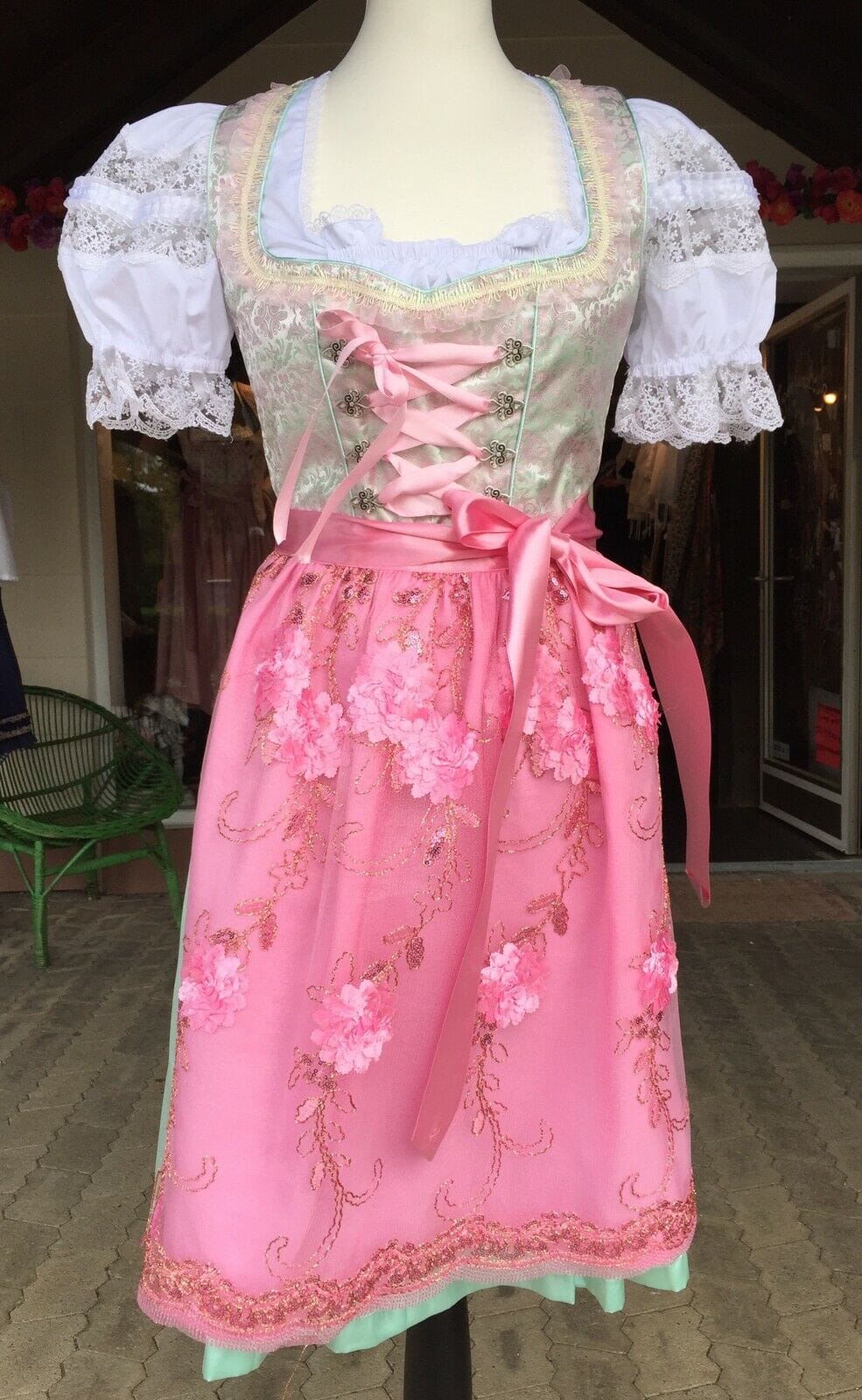 Dirndl Fuchs Trachten, Spitze rosa, mint, Midi 60 cm Dirndl Fuchs