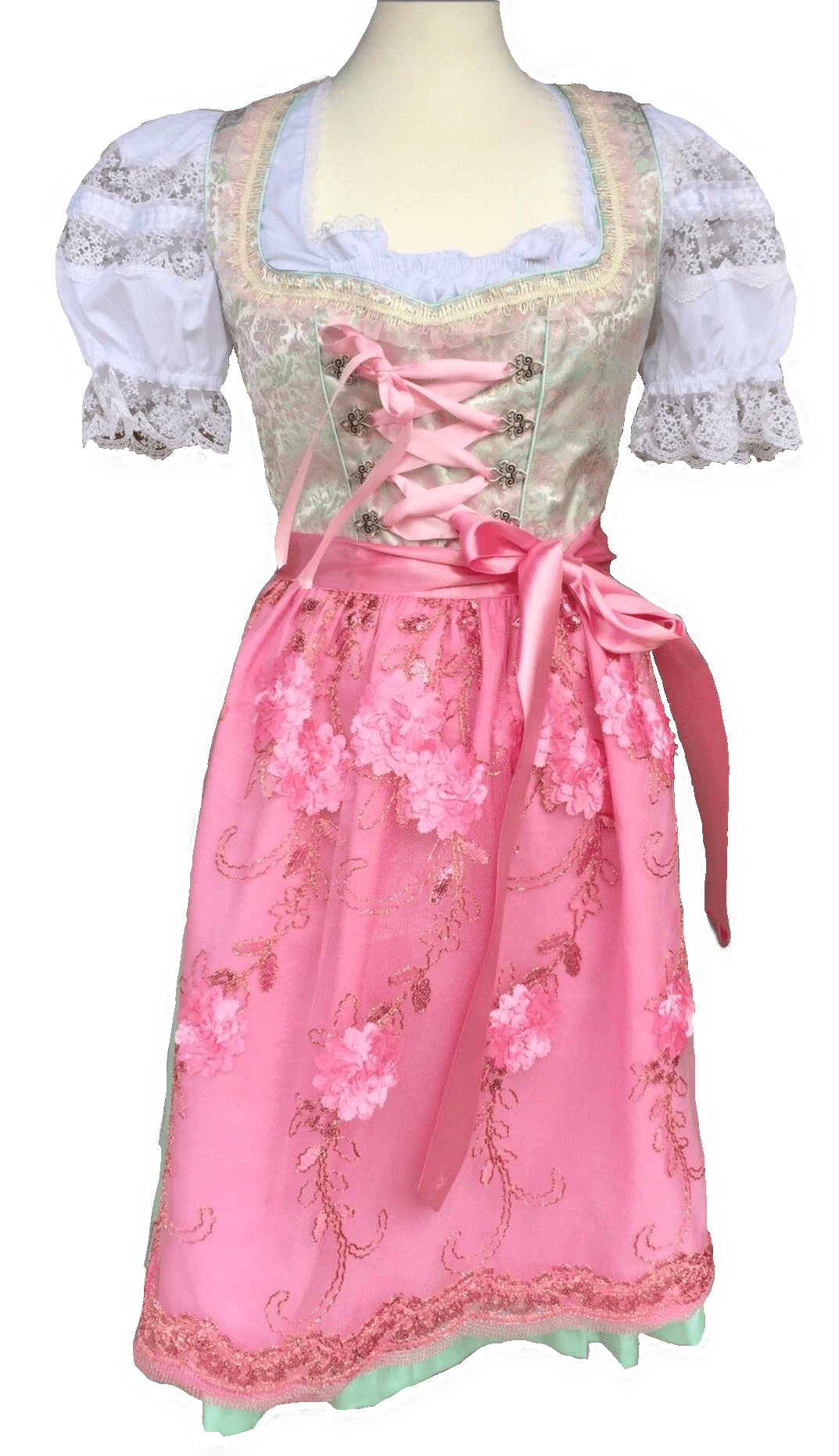 Dirndl Fuchs Trachten, Spitze rosa, mint, Midi 60 cm Dirndl Fuchs