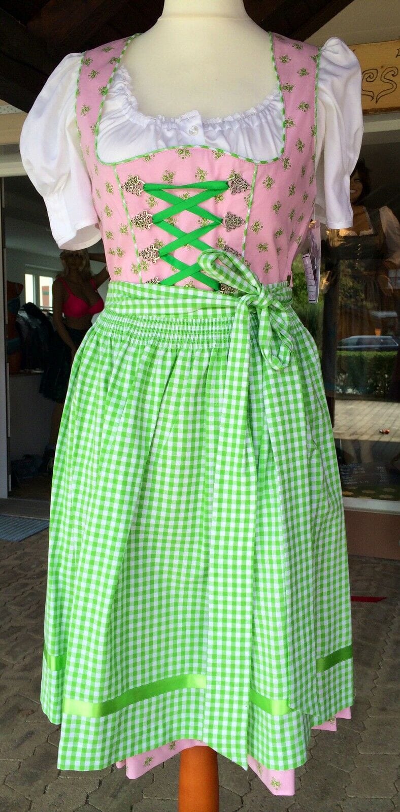 Dirndl Fuchs Trachten, Waschdirndl, grün, rosa, Midi 60 cm Dirndl Fuchs