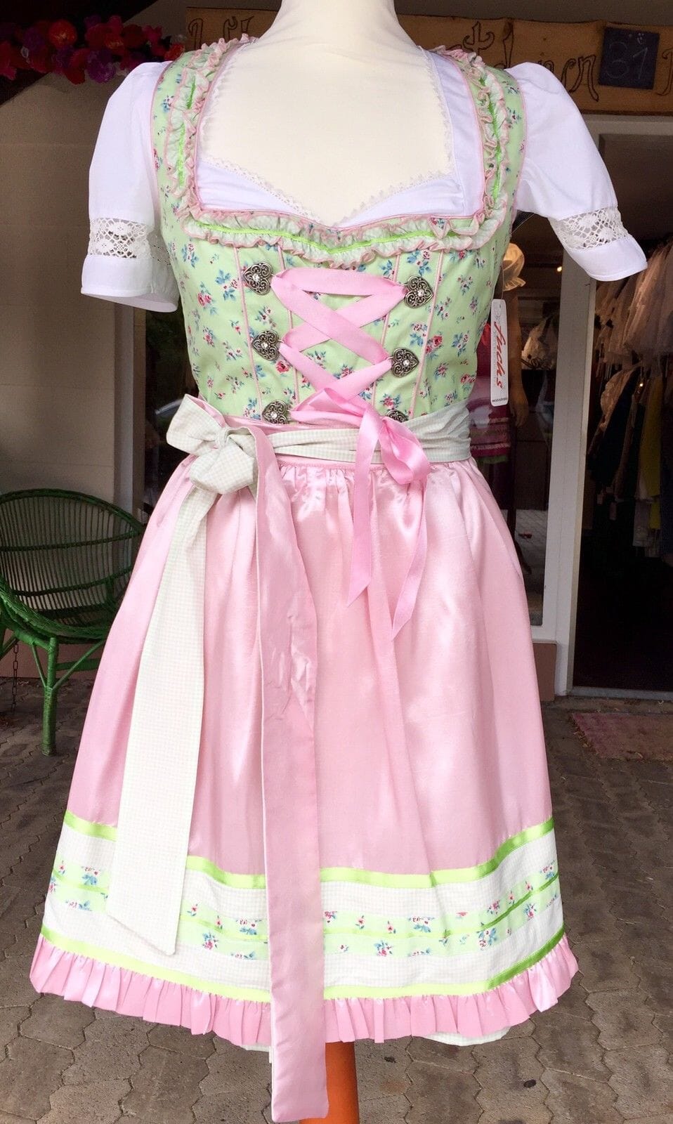 Dirndl Fuchs Trachten, Waschdirndl, grün, rosa, Mini 50 cm Dirndl Fuchs