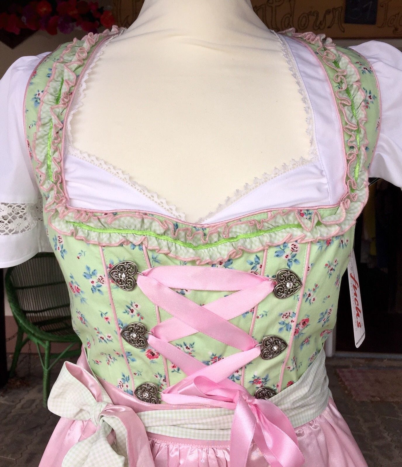 Dirndl Fuchs Trachten, Waschdirndl, grün, rosa, Mini 50 cm Dirndl Fuchs