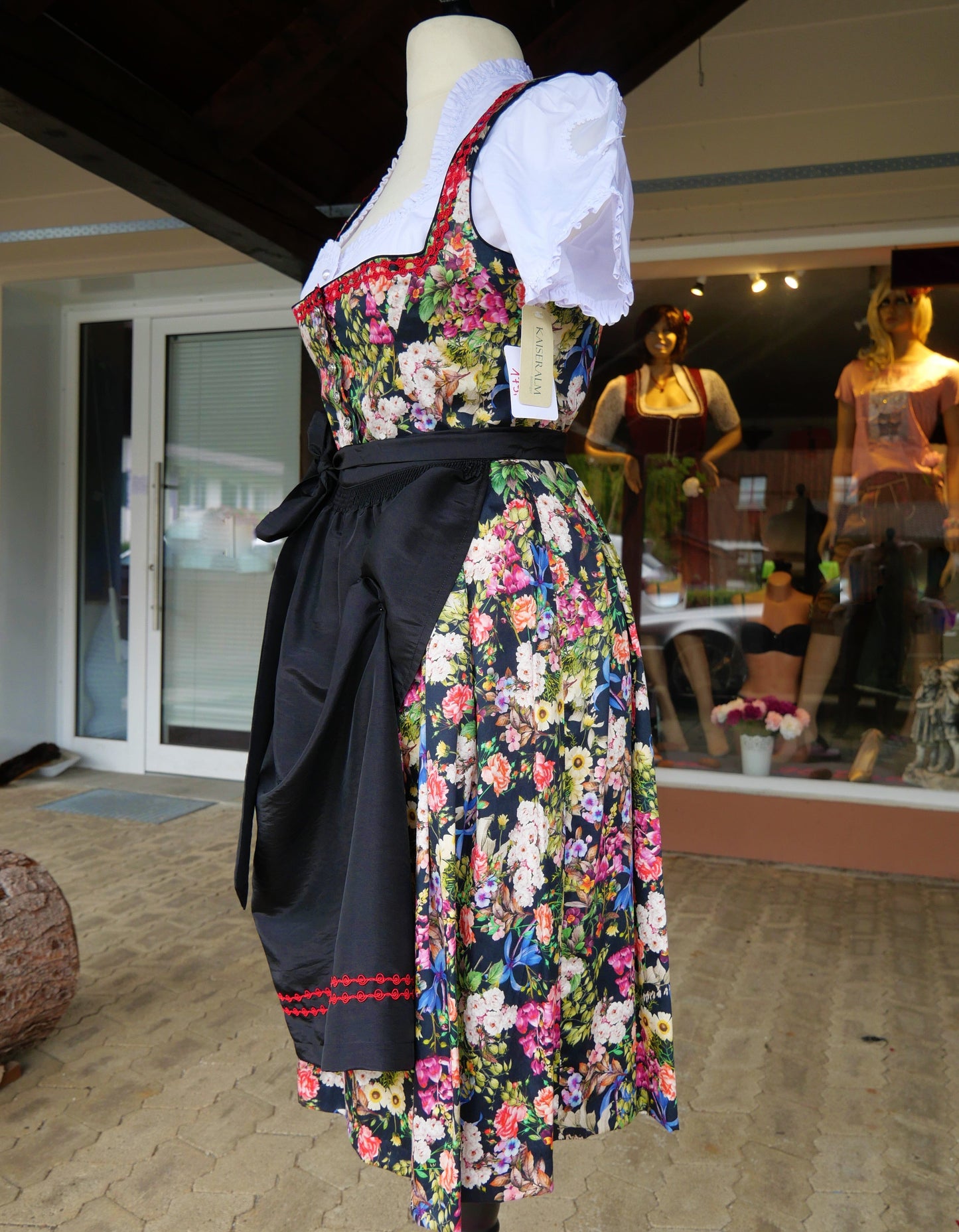 Dirndl Kaiseralm, Sommer, floral, bunt, schwarz, Midi 60 cm Dirndl Kaiseralm