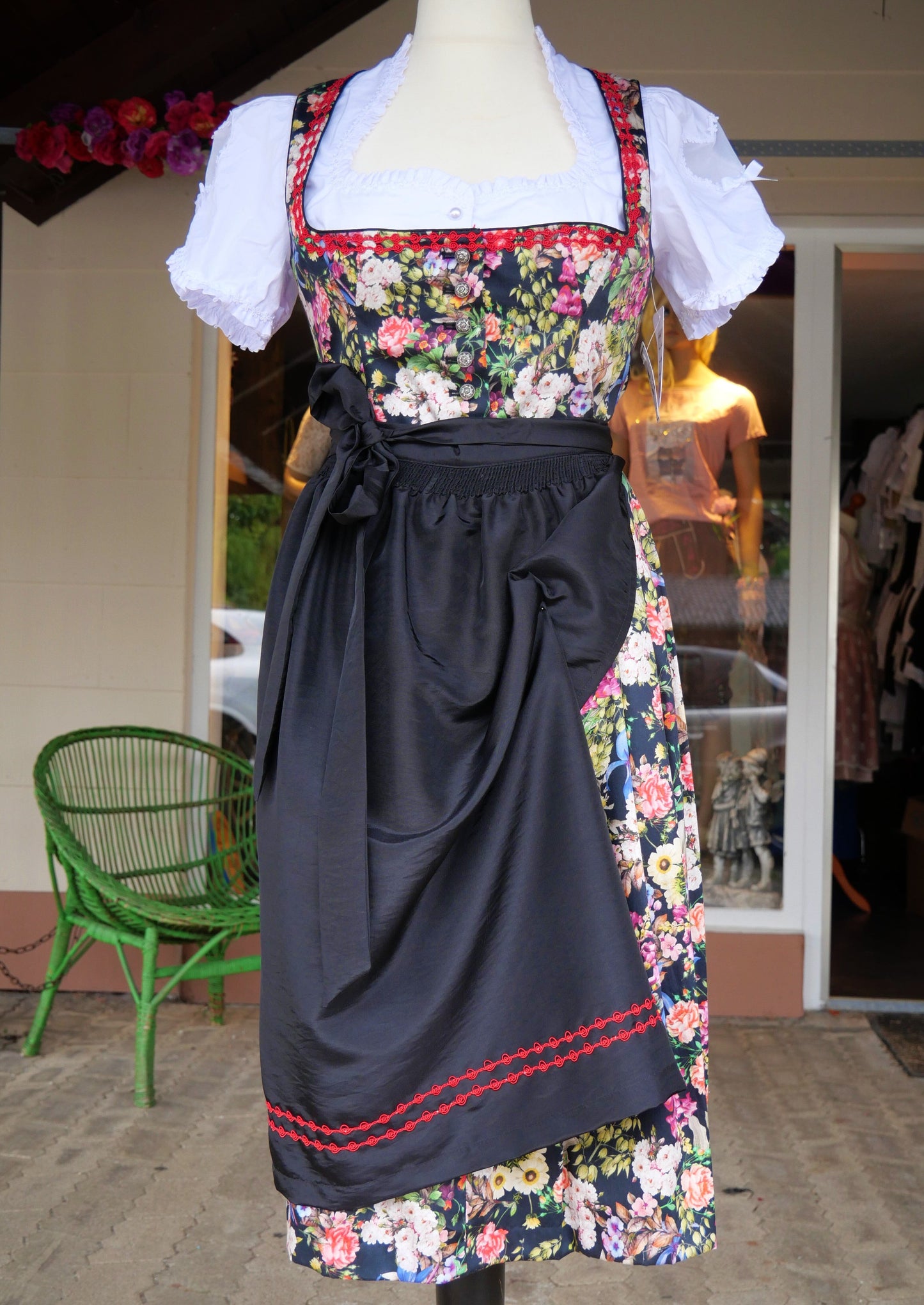 Dirndl Kaiseralm, Sommer, floral, bunt, schwarz, Midi 60 cm Dirndl Kaiseralm