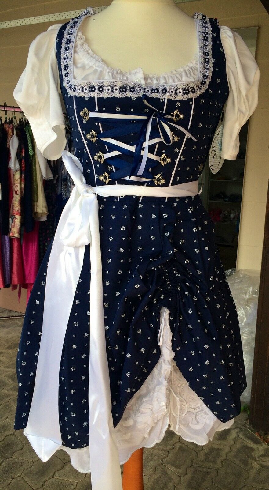 Dirndl Kleid, Marjo, Dolly, blau, weiß, Mini 50 cm, Gr. 34 Dirndl Marjo