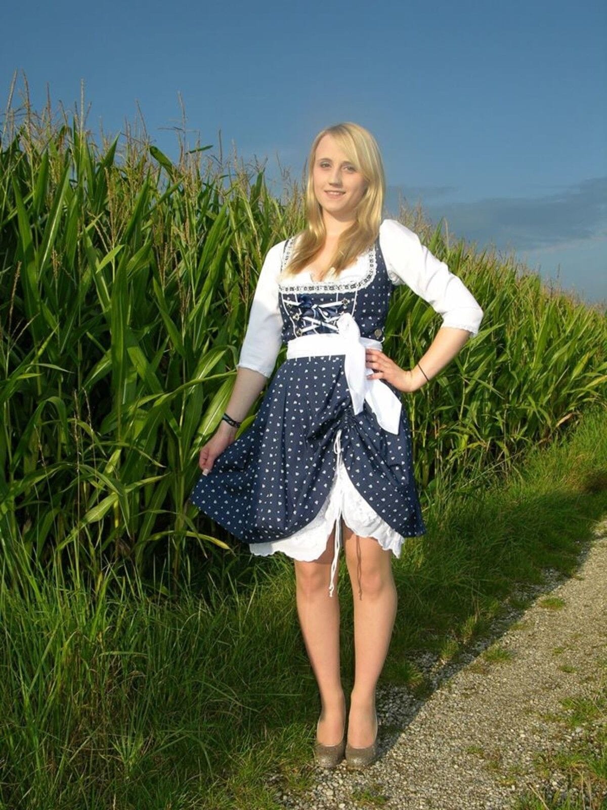 Dirndl Kleid, Marjo, Dolly, blau, weiß, Mini 50 cm, Gr. 34 Dirndl Marjo