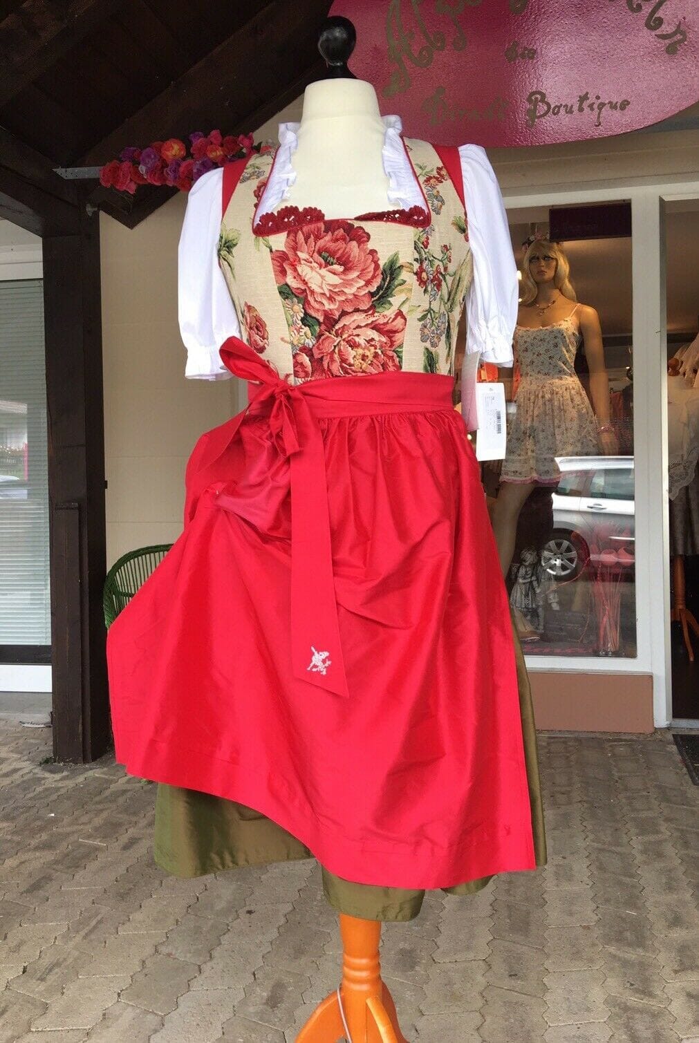 Dirndl Kleid Sportalm, Amberg, grün, rot, Seide, Midi 70 cm Dirndl Sportalm