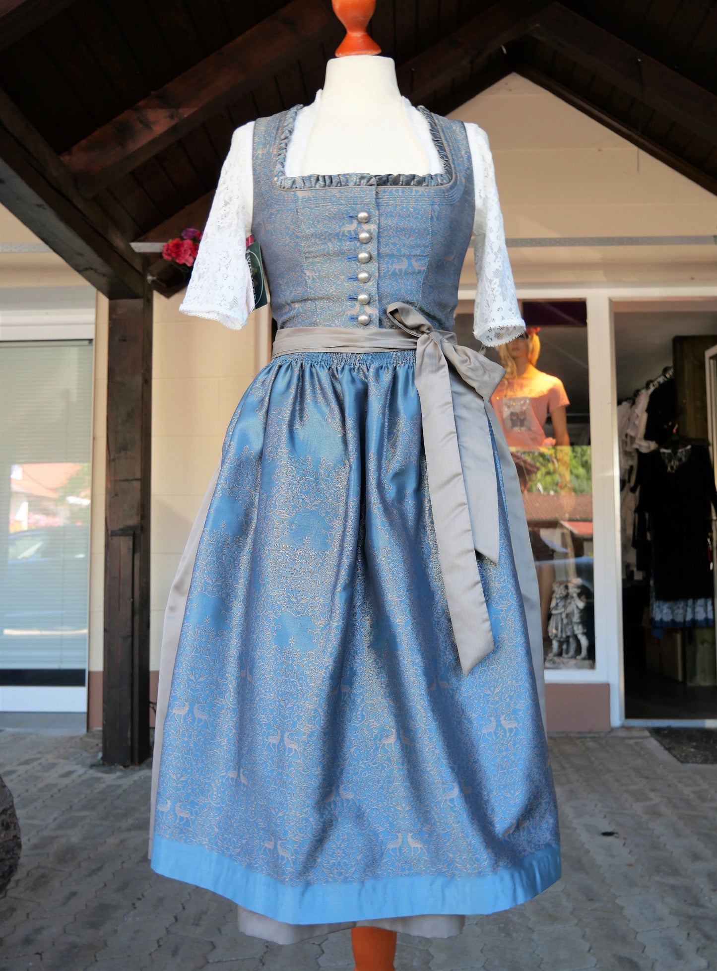 Dirndl Kleid Wenger aqua, taupe, gold Midi, Gr. 34 Dirndl Wenger