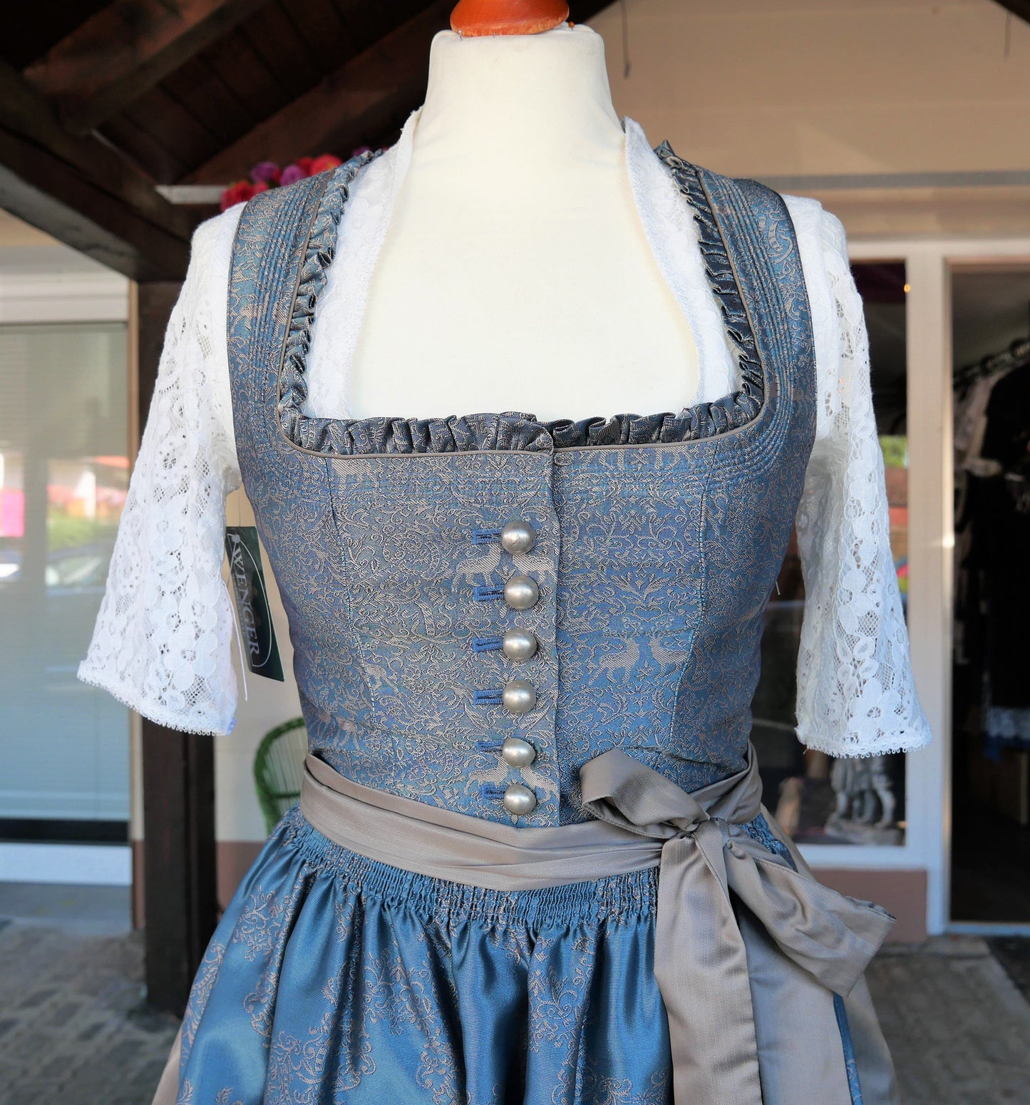 Dirndl Kleid Wenger aqua, taupe, gold Midi, Gr. 34 Dirndl Wenger