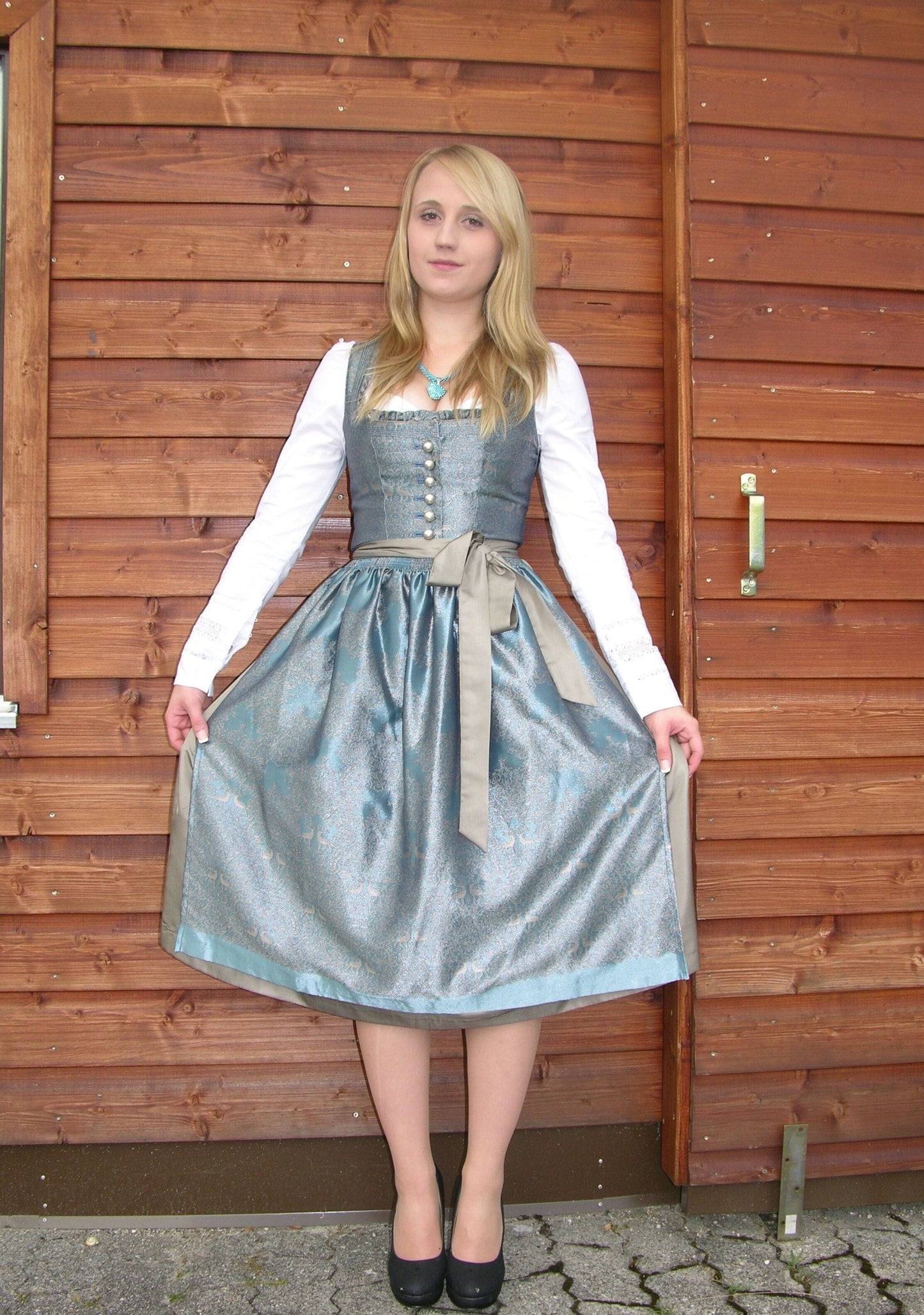Dirndl Kleid Wenger aqua, taupe, gold Midi, Gr. 34 Dirndl Wenger