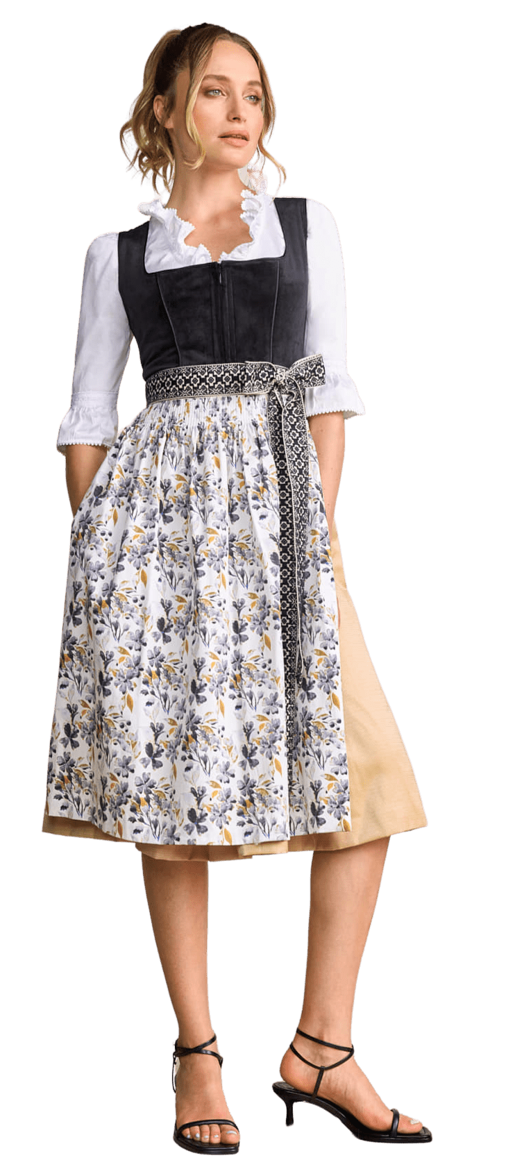 Dirndl Krüger Collections, Lona, Midi 70 cm, gelb, schwarz Samtdirndl Dirndl Krüger