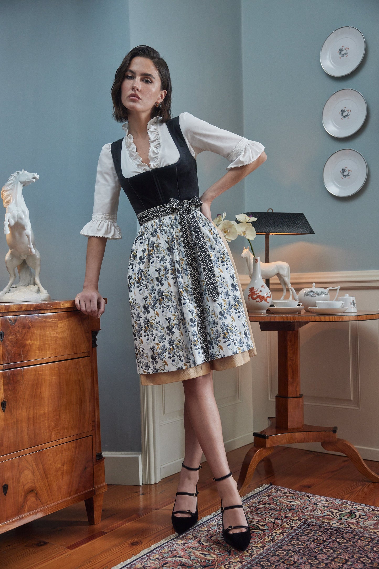 Dirndl Krüger Collections, Lona, Midi 70 cm, gelb, schwarz Samtdirndl Dirndl Krüger