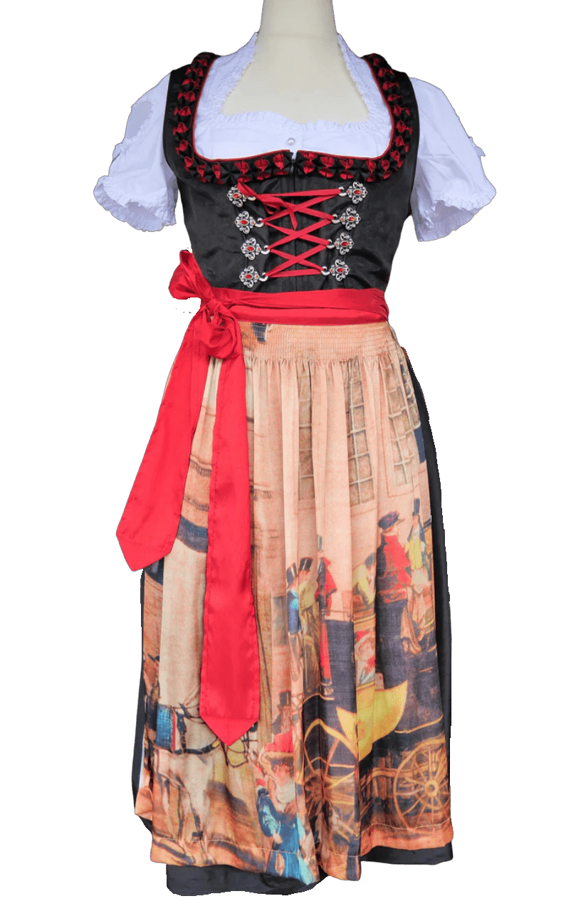 Dirndl Krüger Madl, Druckschürze, schwarz rot Midi 60 cm Dirndl Krüger
