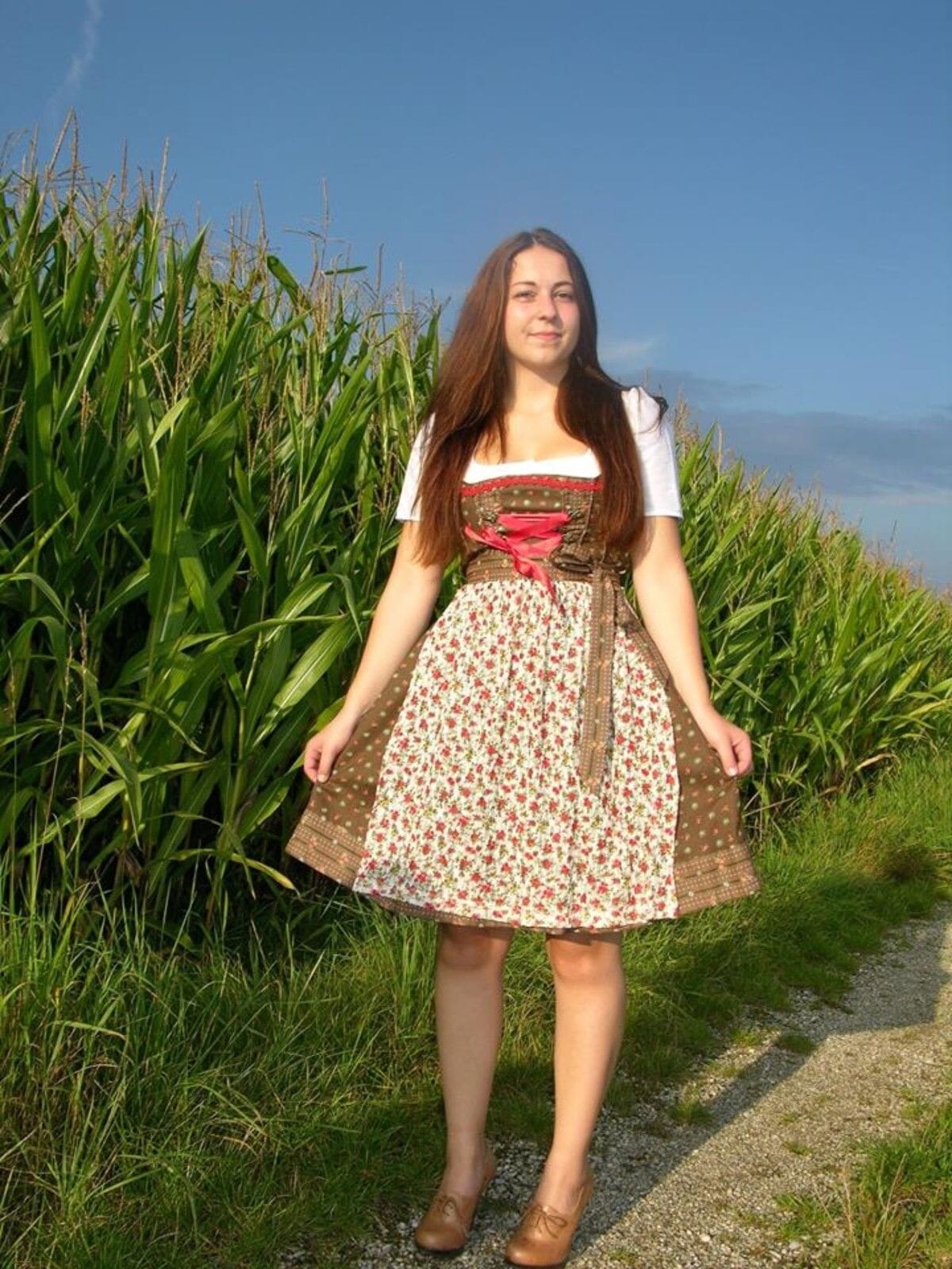 Dirndl Marjo, Baumwolle, braun, creme, Midi, Mini 55 cm Dirndl Marjo