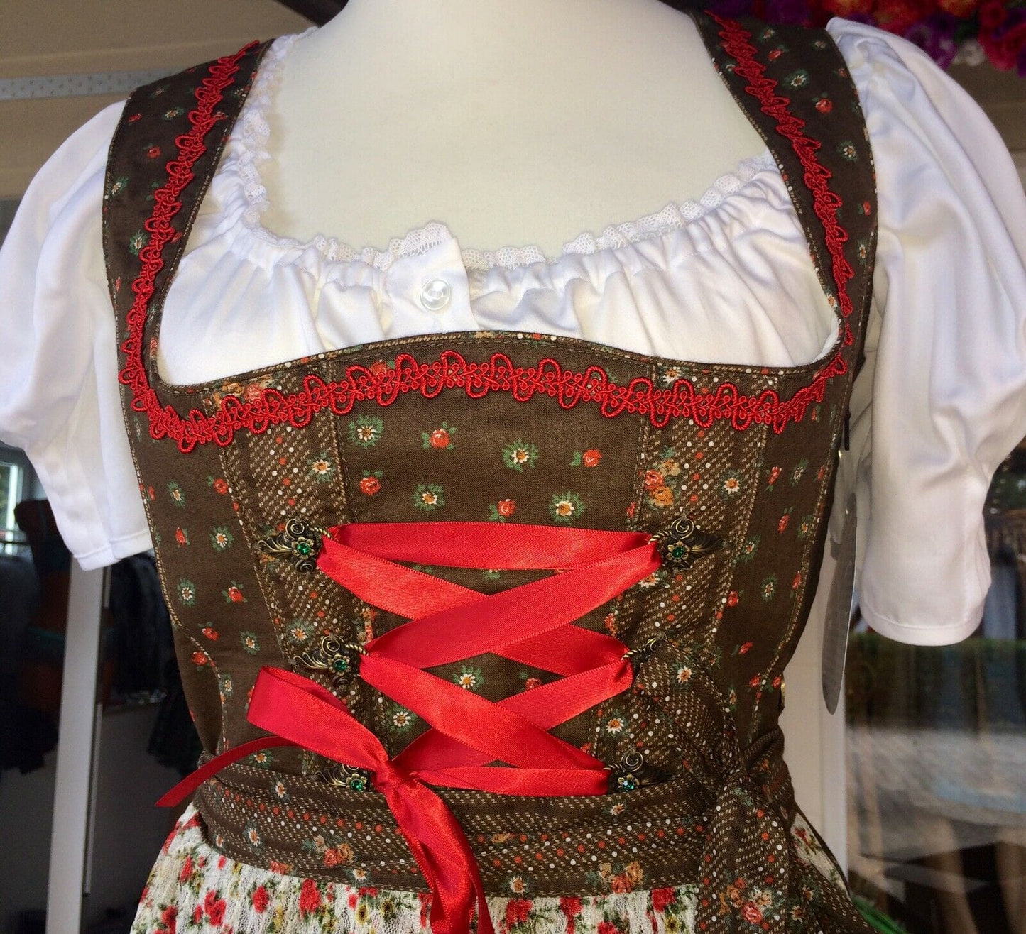 Dirndl Marjo, Baumwolle, braun, creme, Midi, Mini 55 cm Dirndl Marjo