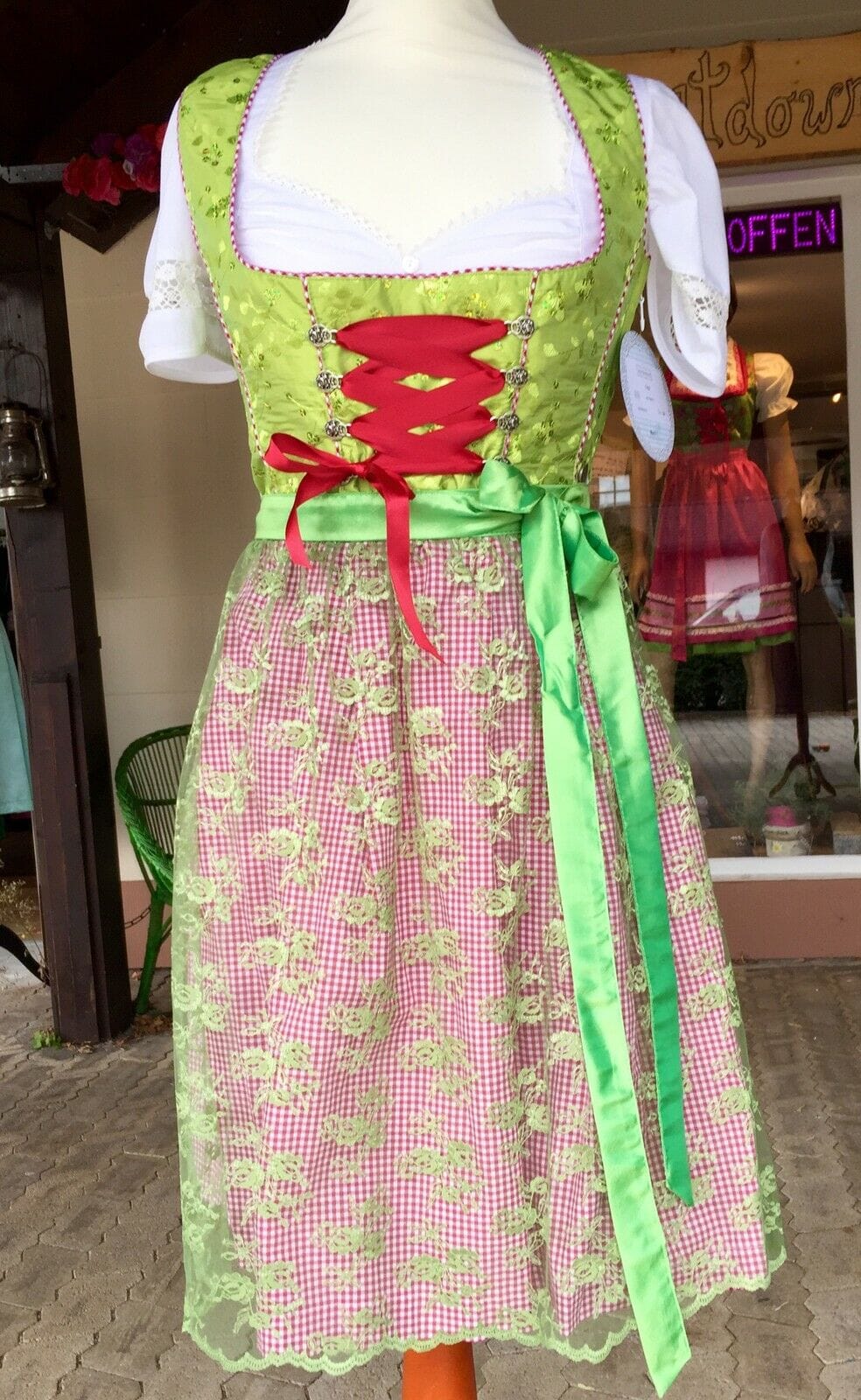 Dirndl Marjo, Gitta, apfel, rot, grün, Spitze, Midi 55 cm Dirndl Marjo