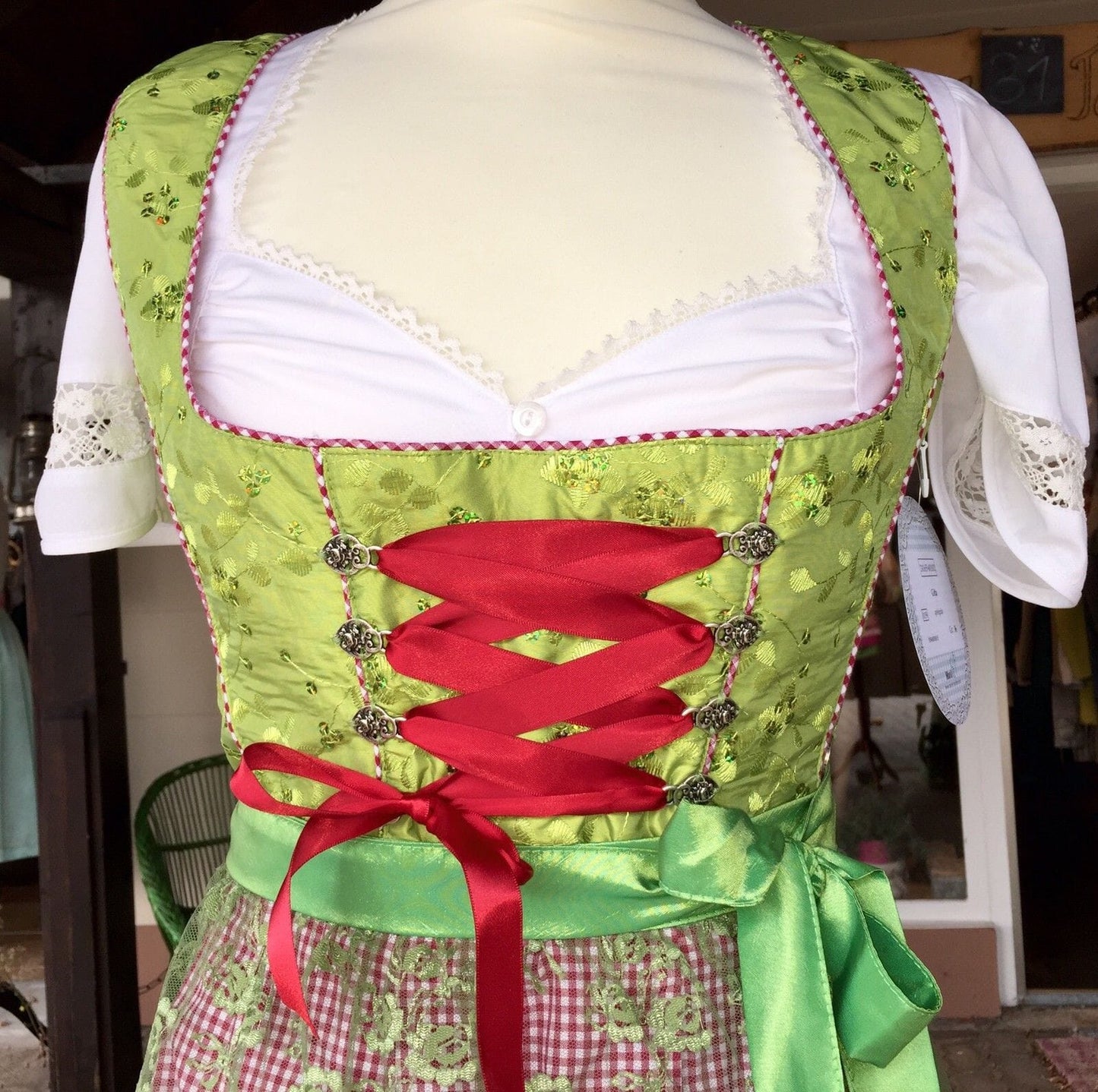 Dirndl Marjo, Gitta, apfel, rot, grün, Spitze, Midi 55 cm Dirndl Marjo