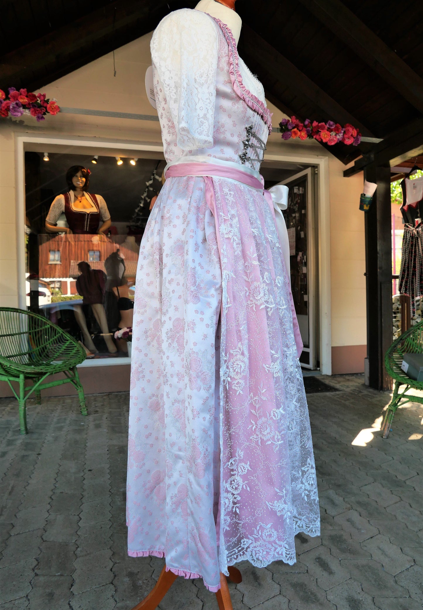 Dirndl Melega, Amidala, Brautdirndl, weiß, rosa, Spitze, Maxi 80 cm, Gr. 34 Dirndl Melega