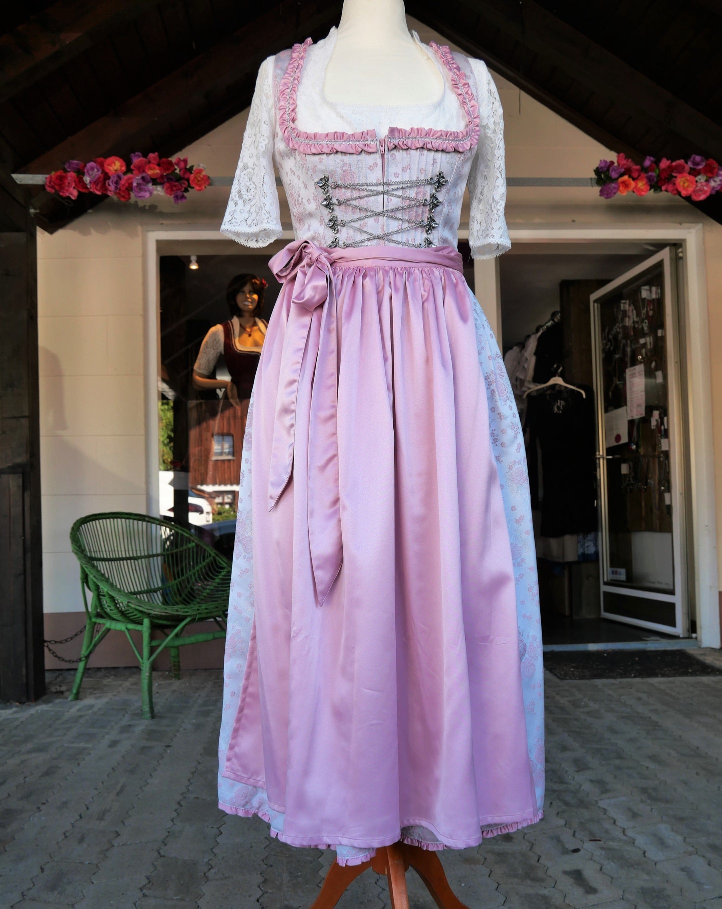 Dirndl Melega, Amidala, Brautdirndl, weiß, rosa, Spitze, Maxi 80 cm, Gr. 34 Dirndl Melega