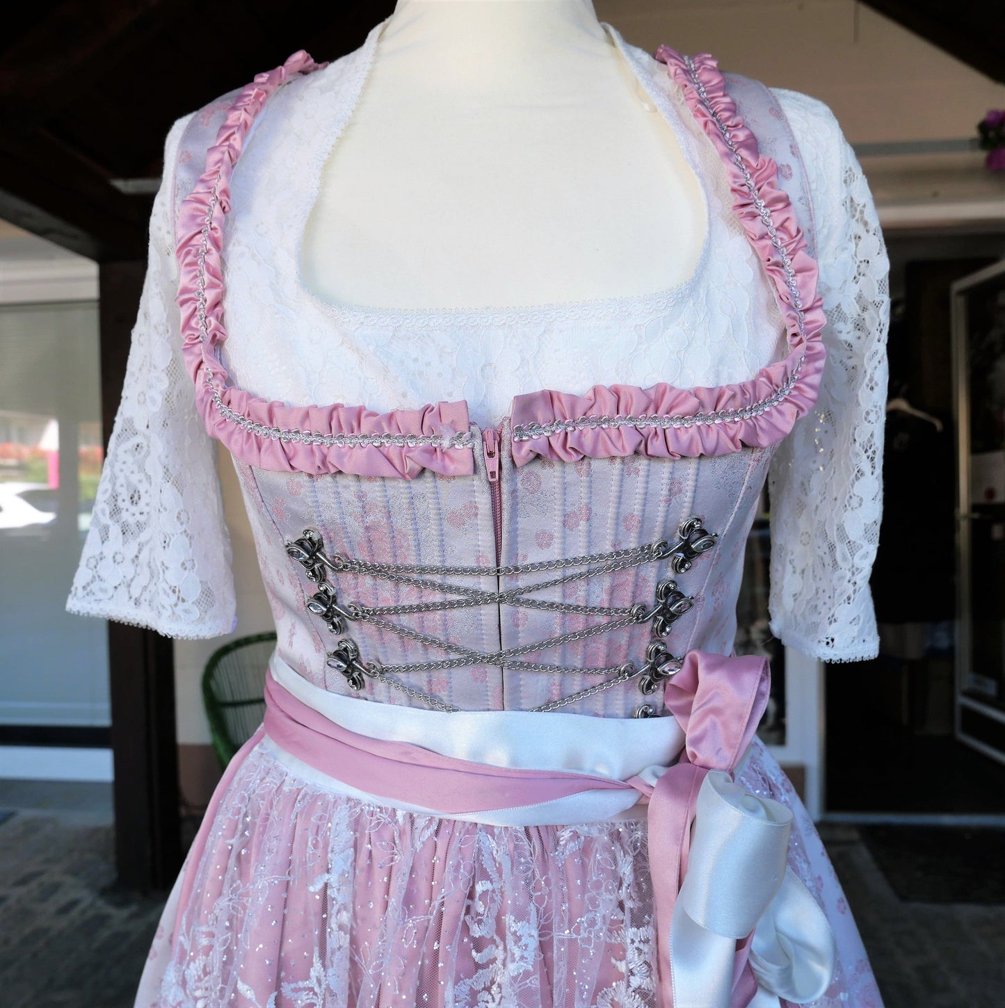 Dirndl Melega, Amidala, Brautdirndl, weiß, rosa, Spitze, Maxi 80 cm, Gr. 34 Dirndl Melega