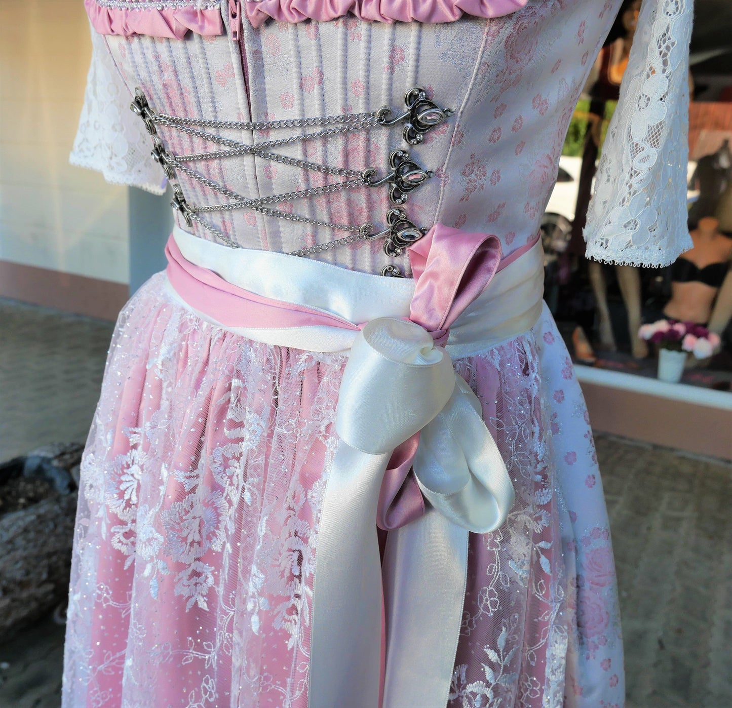 Dirndl Melega, Amidala, Brautdirndl, weiß, rosa, Spitze, Maxi 80 cm, Gr. 34 Dirndl Melega